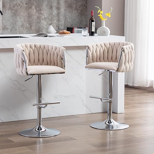 Miniatura 9 de LukeAlon Juego de 2 taburetes de bar giratorios de lino, sillas de bar modernas de altura ajustable con base plateada, respaldo tejido con