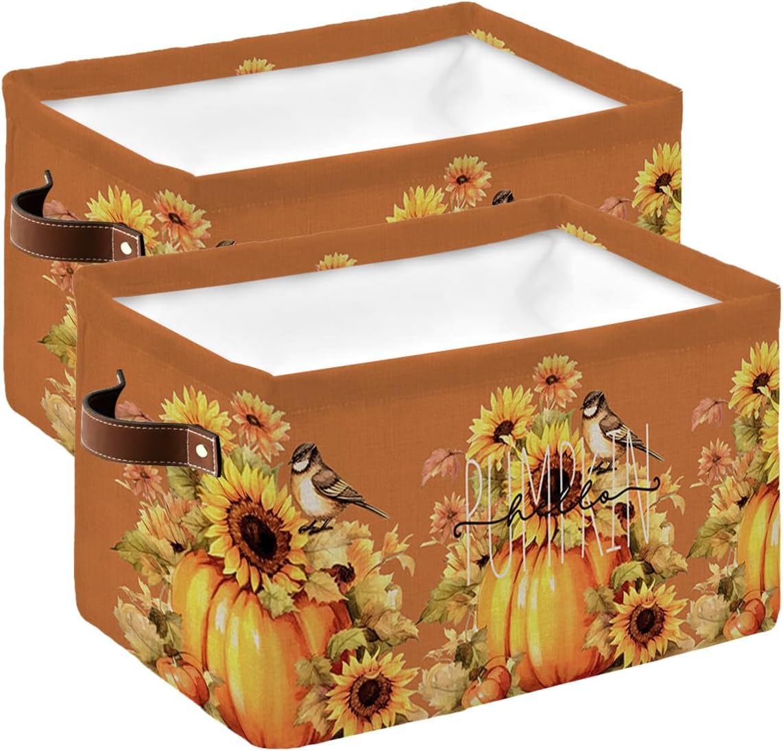 Pumpkin Sunflower Large Storage Baskets Bins Fall Thanksgiving Harvest Autumn Orange Collapsible Storage Box Laundry Organizer for Closet Shelf Nursery Kids Bedroom 15x11x9.5 2 Pack