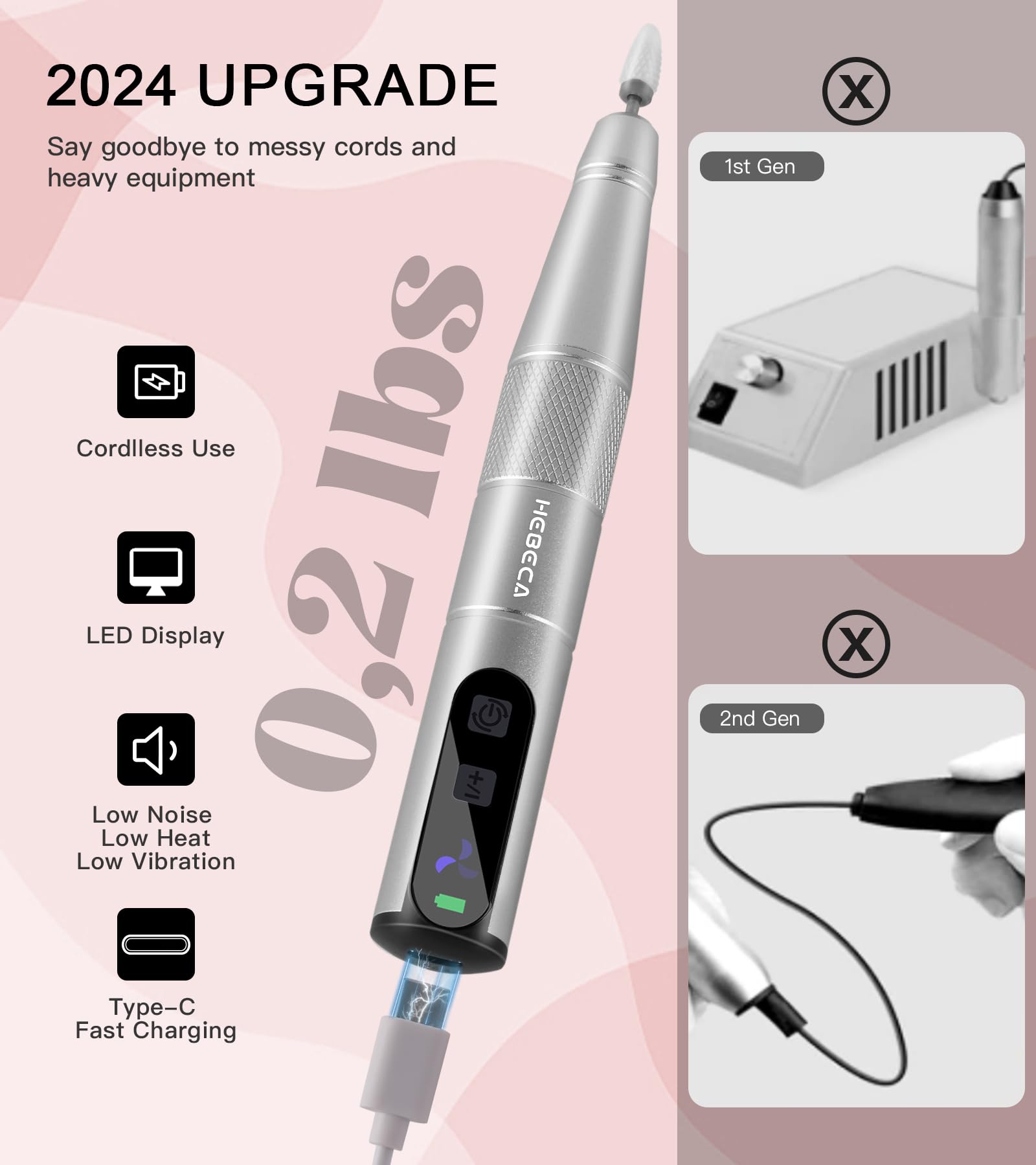 HEBECA Cordless Electric Nail Drill Machine, Professional Electric Nail File with LED Display - Image 2