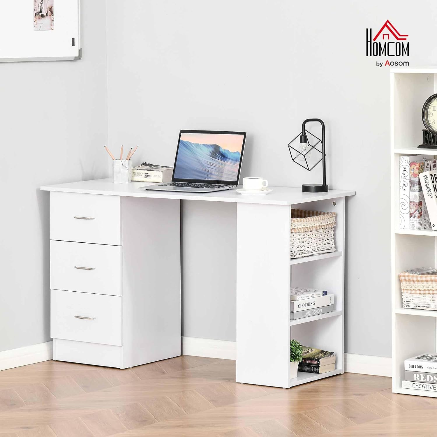 HOMCOM Computer Desk with Storage, 47" Writing Table with 3-Tier Shelves and 3 Reversible Drawers, Work Desk for Home Office, Bedroom, White - Image 2