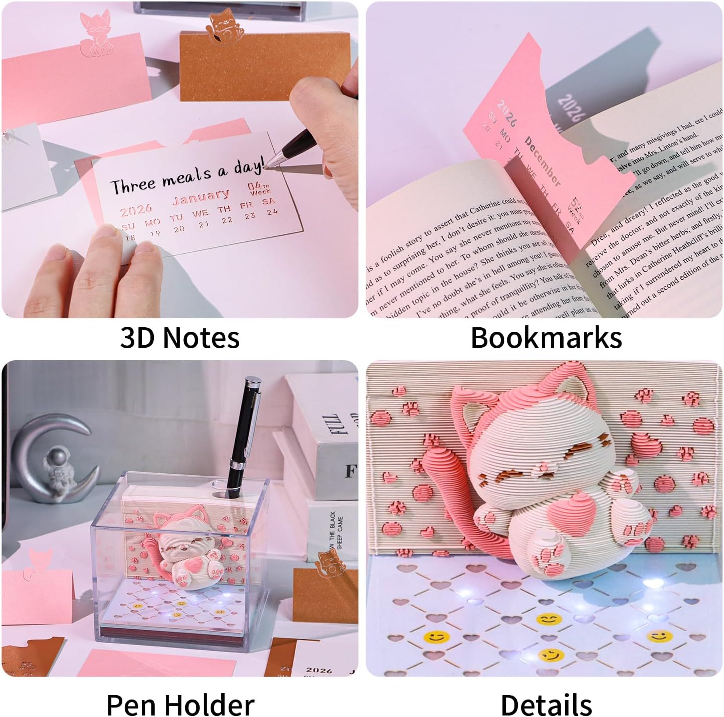 3D Art Calendar Memo Pad 2026,Time Piece Calendar 3D Jumping Cat Creative Rip Away Calendar Paper Carving Note