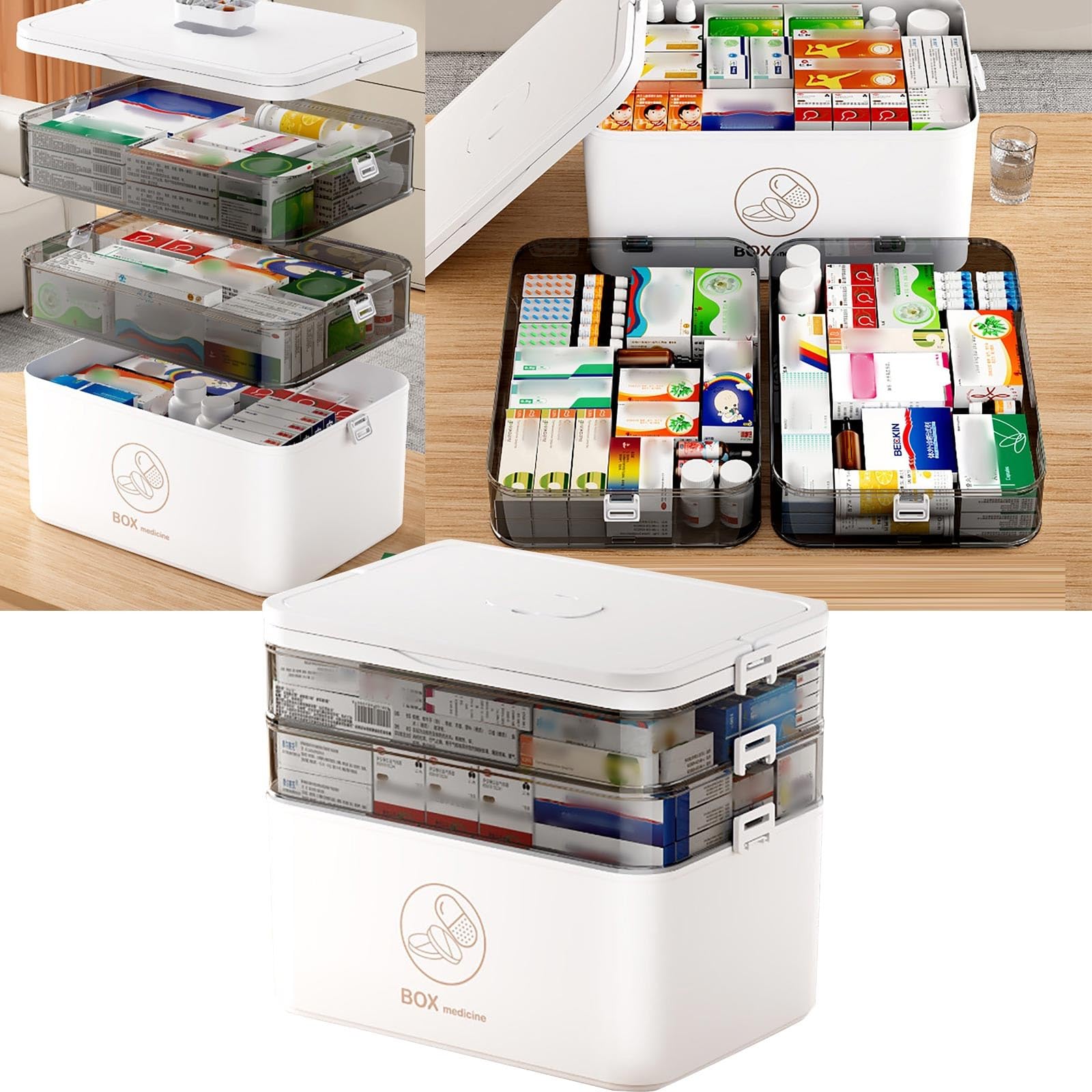 Medikamenten Aufbewahrung Medikamentenbox Groß 3 Tier Speicherbox leere Familien Notfälle Kit Container Tragbarer Kunststofflagerorganisator Multipurpose Box für Heimreise (Weiß) Küche, Haushalt & Wohnen