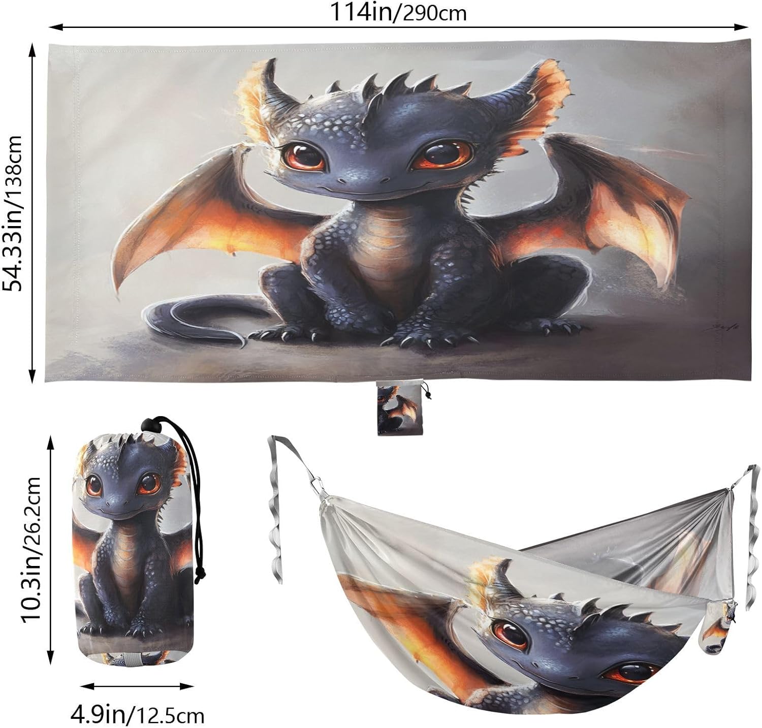 ALAZA Cute Dragon Baby Camping Hammocks Single or 2 Person 500 lbs Portable Parachute Travel Hammock w/Tree Straps for Hiking Backpacking Indoor Outdoor