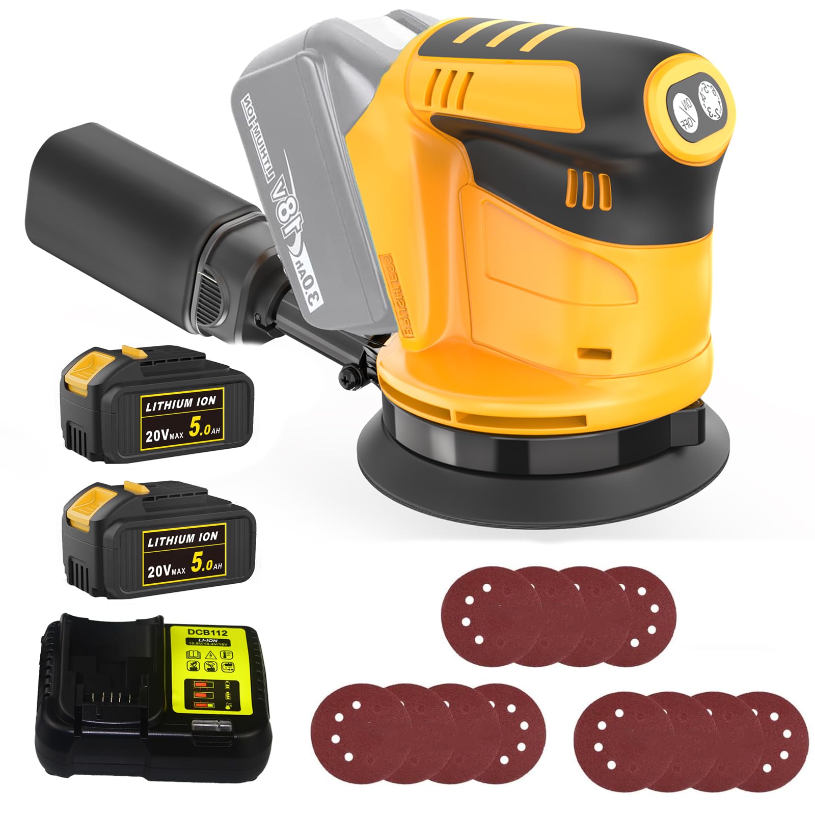 125MM Cordless Orbital Sander, Brushless Orbital Sander 18V, with 12pcs Sandpapers, 6 Variable Speeds, Up to 15000 RPM, 2 x 5.0AH Battery & Charger