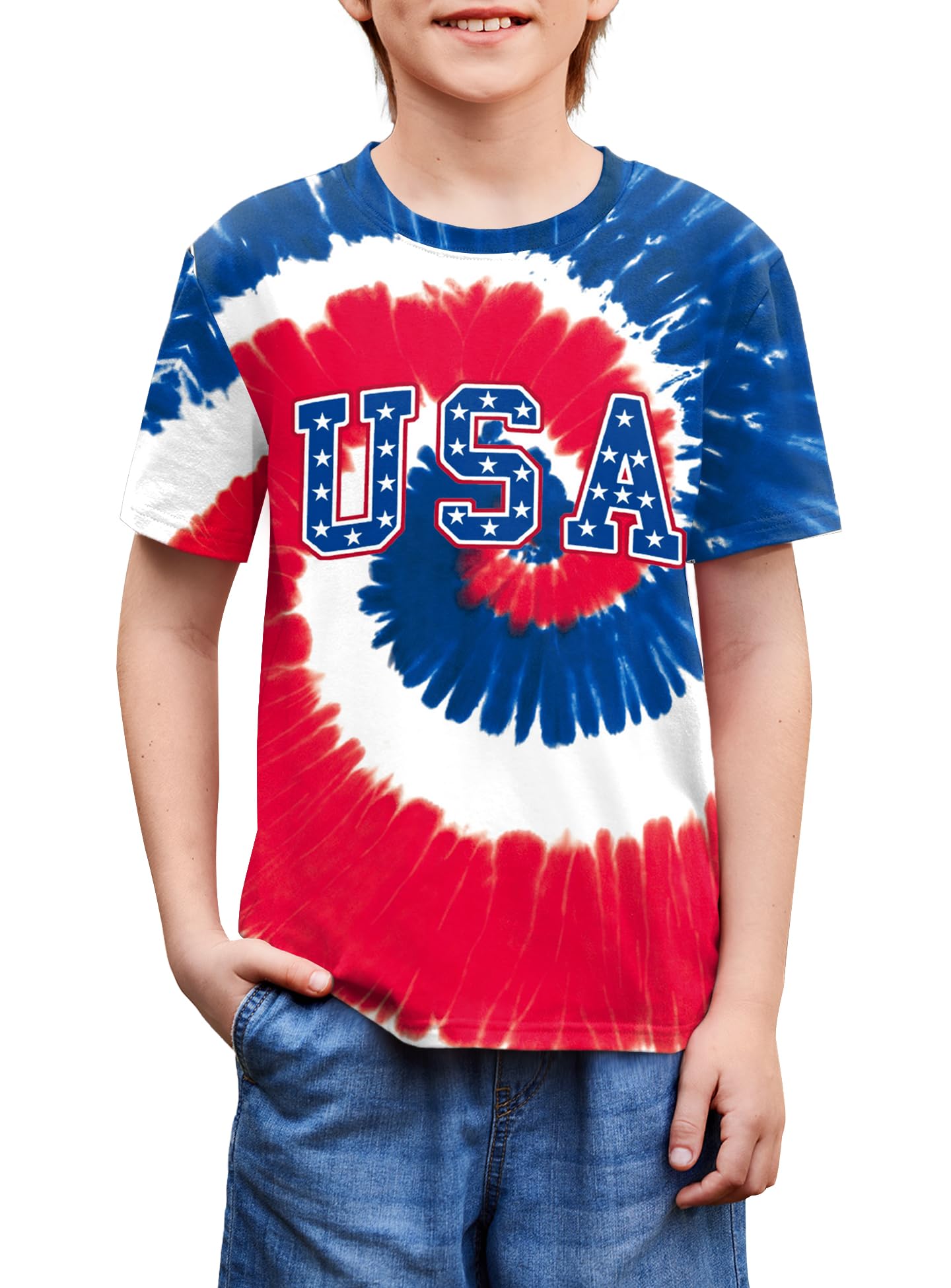 BesserBay Unisex Kids 4th of July American Flag Tee Tie Dye Patriotic Short Sleeve Shirt 6-14 Years