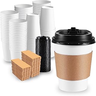 120 Pack Paper Coffee Cups Disposable Paper Party Cups Bulk to Go Hot/Cold Beverage Drinking Cups with Lids, Sleeves, Straws Paper Cups Bundle for Party Travel Home Restaurant Cafe (White, 12 oz)