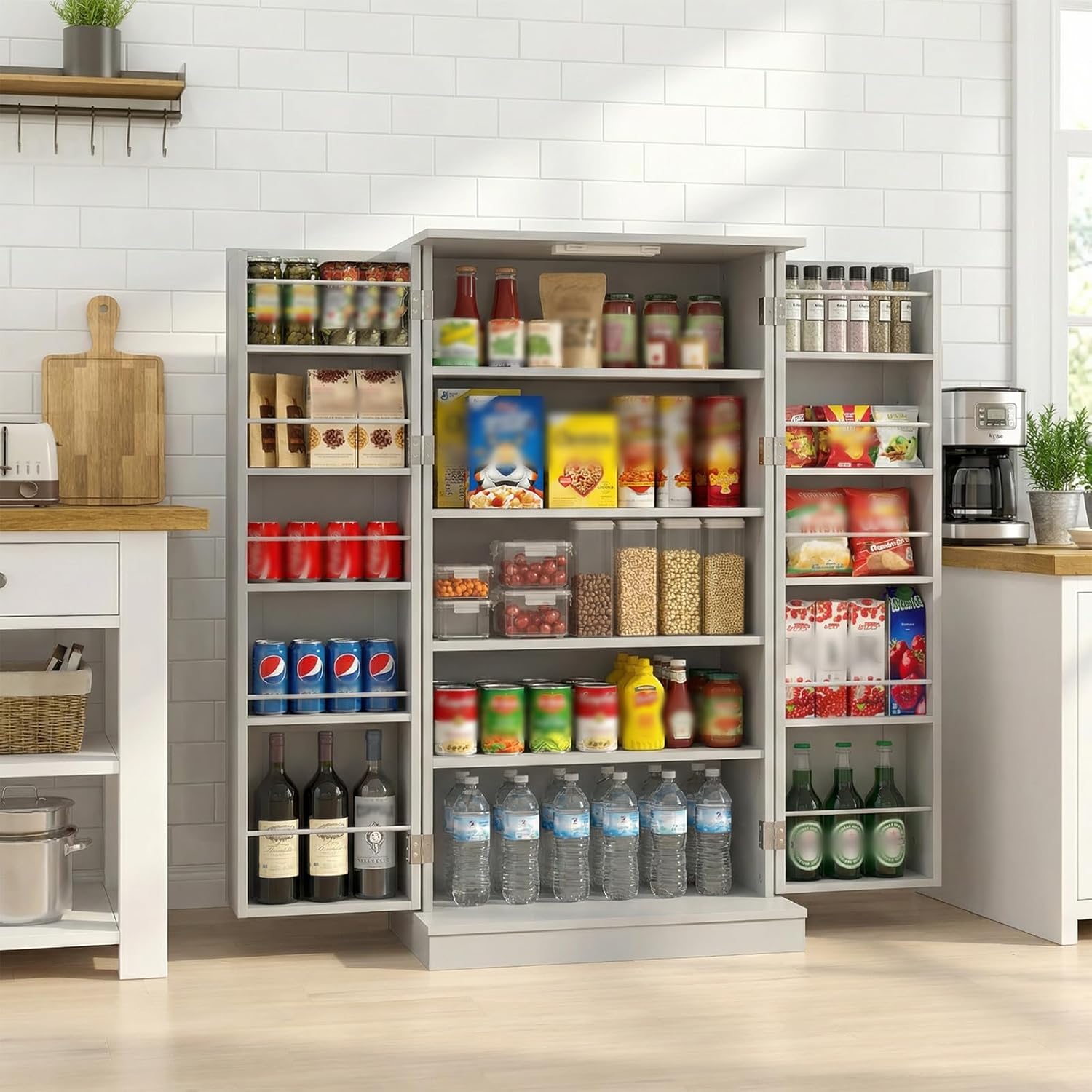 Food Pantry Cabinet with Led Light, 50" Tall Free Standing Kitchen Pantry Cabinet with Adjustable Shelf, Craft Storage Cabinets for Craft Room, Dinning Room or Living Room, Grey