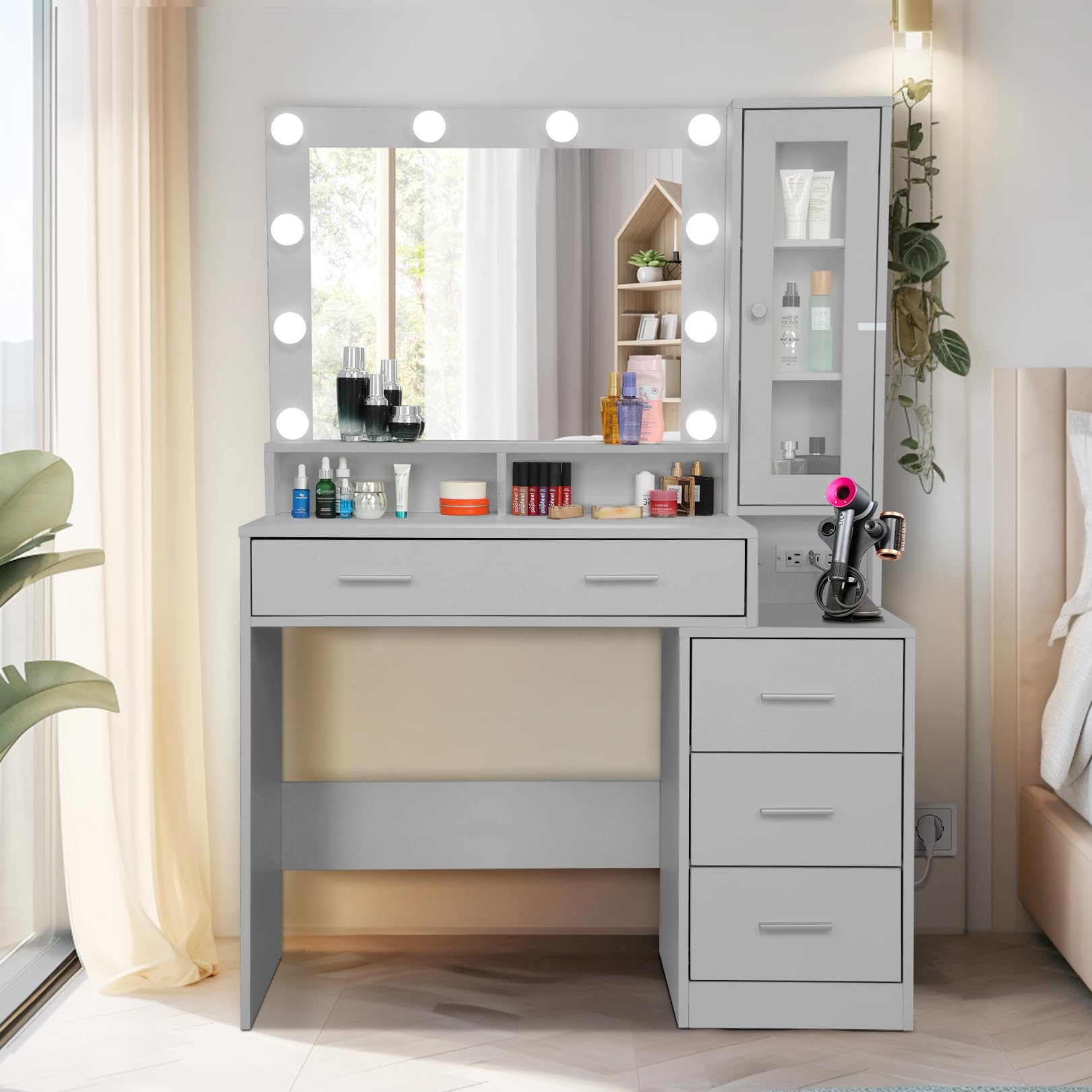 Vanity Desk with Mirror and Lights - Grey Makeup Vanity Table with Power Strip, 4 Drawers and Cabinet, 39.5'' Bedroom Makeup Desk with Nightstand and Tabletop Shelf, Adjustable 3 Lighting Modes