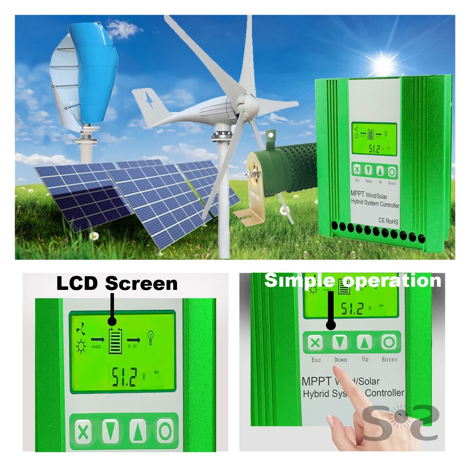 Kontroler słoneczny, 12V 24V 48V 2000W MPPT Wiatrowy regulator ładowania słonecznego Regulator generatora wiatrowego do litowo-ołowiowego kwasu Lifepo4