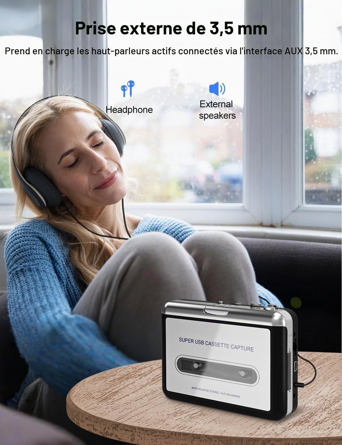 Lecteur de cassettes - Enregistreur portable avec écouteurs - Convertit les cassettes audio en MP3 numérique, compatible avec ordinateur portable/PC/MAC - Pour divertissement, voyage, sports légers