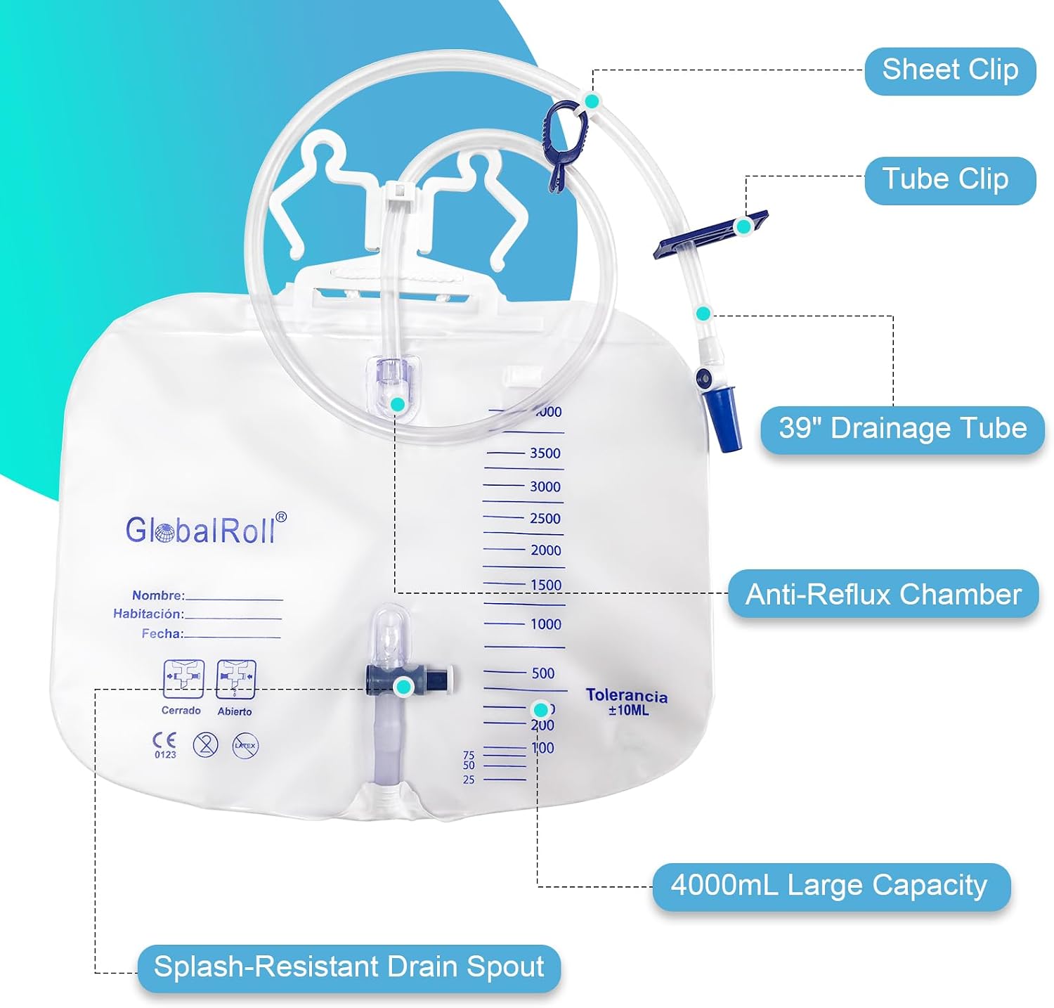 Urinary Drainage Bag with Anti-Reflux Chamber, Bedside Drainage Bag 4000 mL with 39" Drainage Tube, Hook Hanger and Clips, Large Capacity Urine Bag for Home and Hospitals, 5 Pack