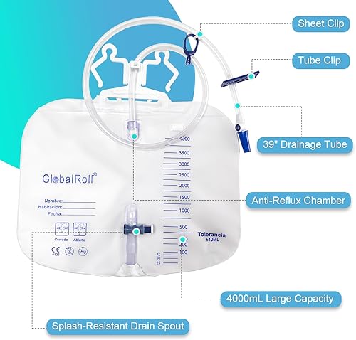 Miniatura 2 de Bolsa de drenaje urinario con cámara antirreflujo, bolsa de drenaje de cabecera de 135.3 fl oz con tubo de drenaje de 39 pulgadas, gancho y clips,