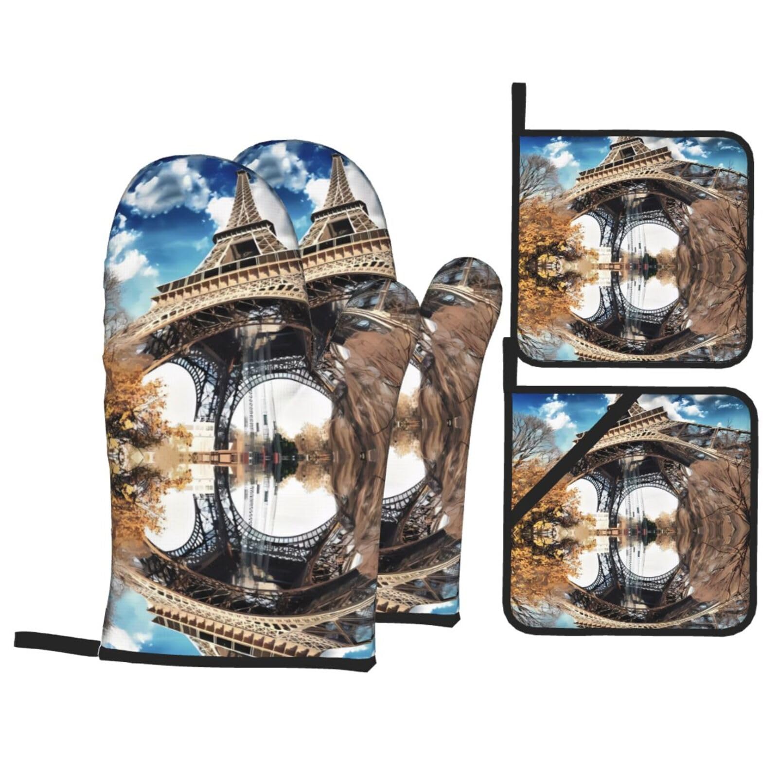 WHJSHOP Paris Tower Prints Oven Mitts & Pot Holders Set - Waterproof Kitchen Layers & Heat Resistant - Durable Covers for Safe Cooking & Easy Cleanup