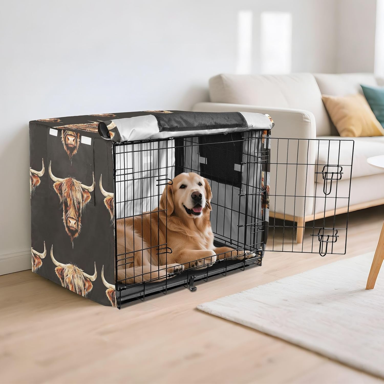Highland Cow Head Dog Crate Cover Roll-up Side Panels, Cage Cover for Puppies Training, X-Large