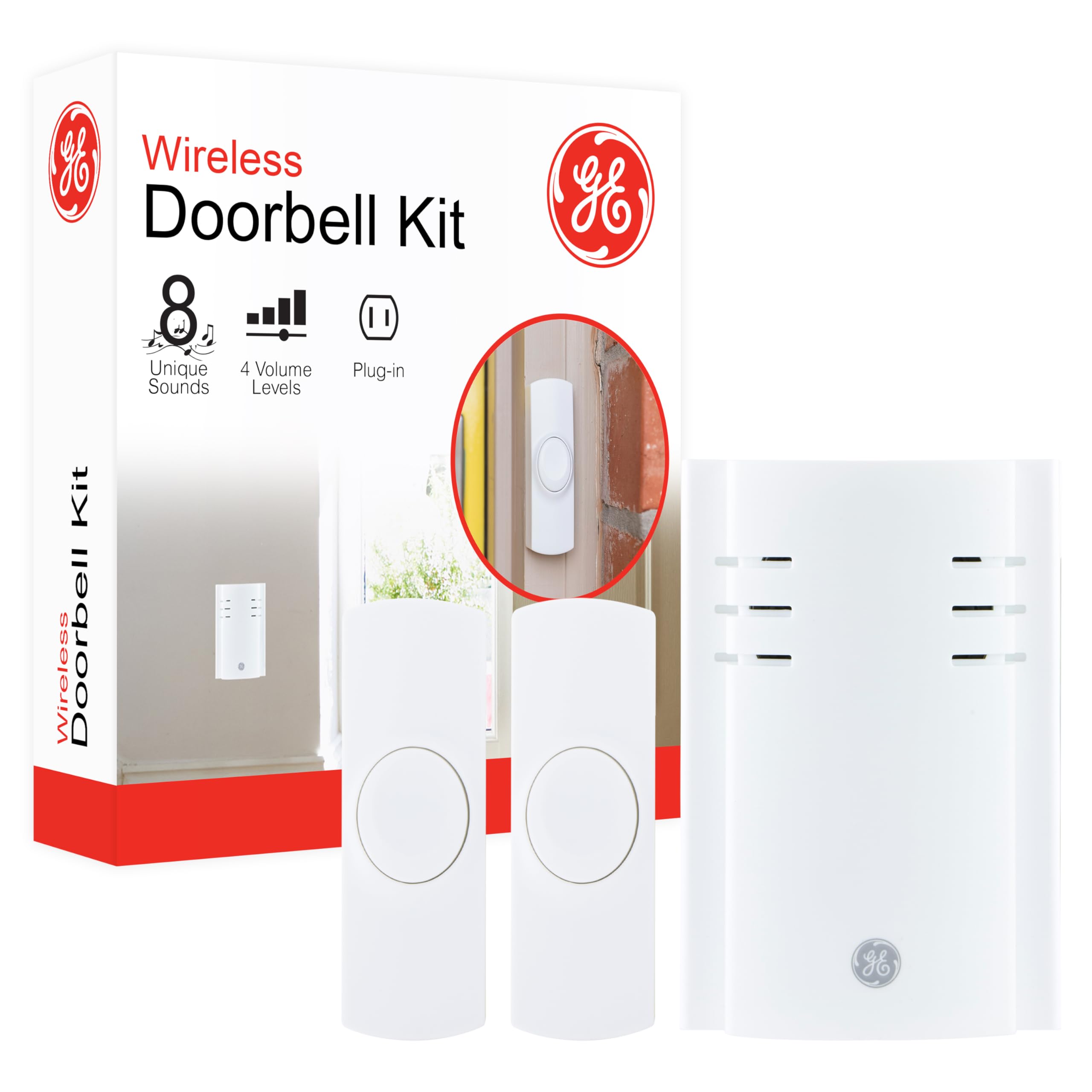 GE 19300 Wireless Kit Plug-in Receiver, 2 Push Buttons Door Bell, 8 Melodies Chime, 4 Volume Levels, Classroom Doorbell, 150 Ft Range, White