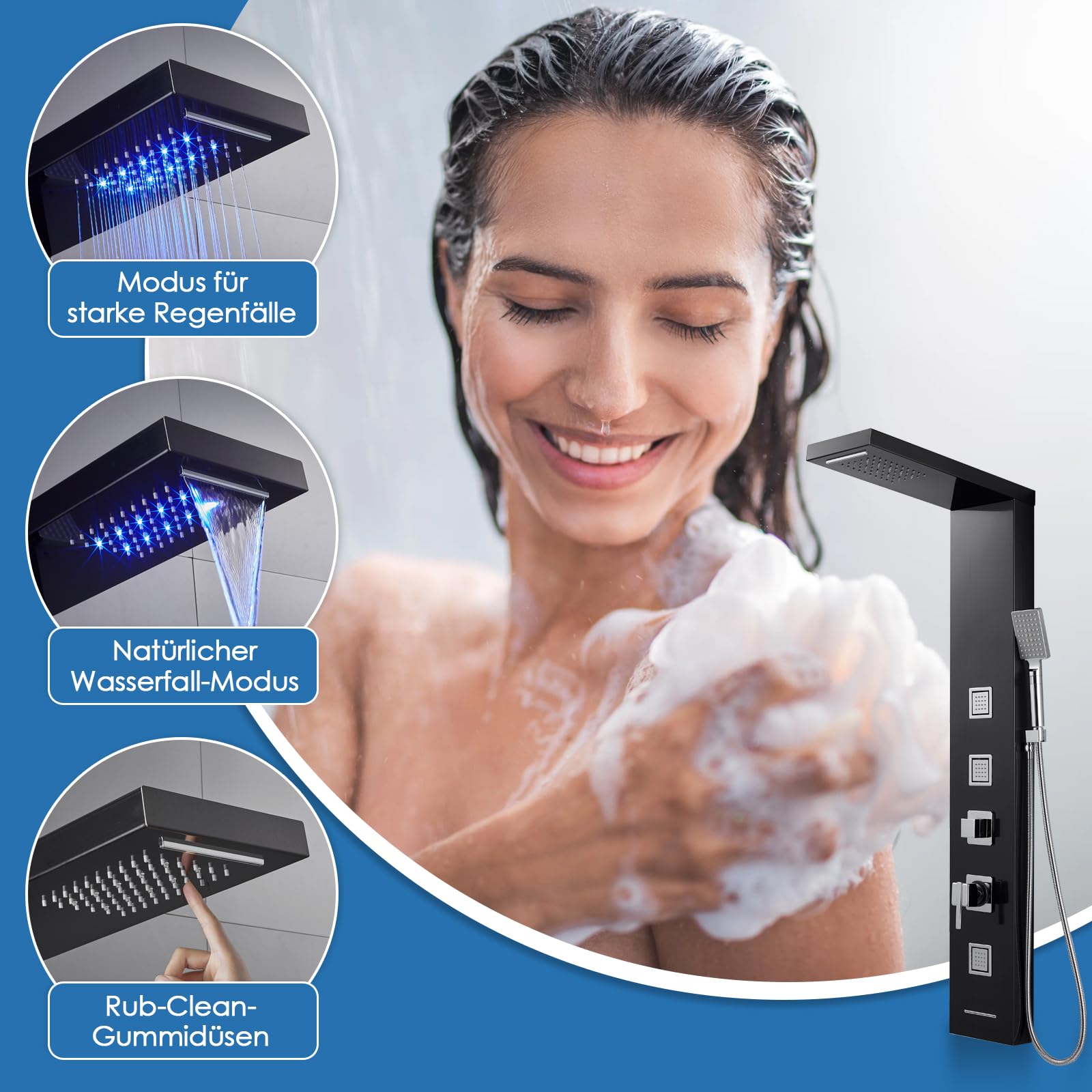 Panel de ducha con grifo y luces LED, con batería, columna de ducha, juego completo con ducha de lluvia, ducha cascada, chorros de masaje cuadrados, ducha de mano y caño de bañera, acero