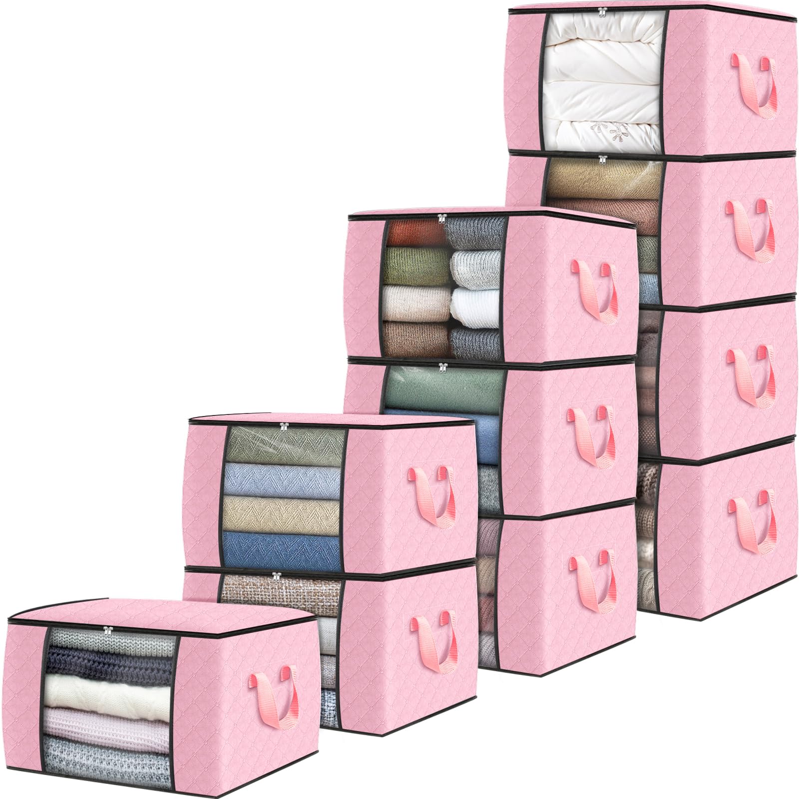 Fab totes 10 Pack Clothes Storage, Foldable Thick Fabric Blanket Storage Bags, Containers for Organizing Bedroom, Closet, Clothing, Comforter, Organization with Handle,Pink