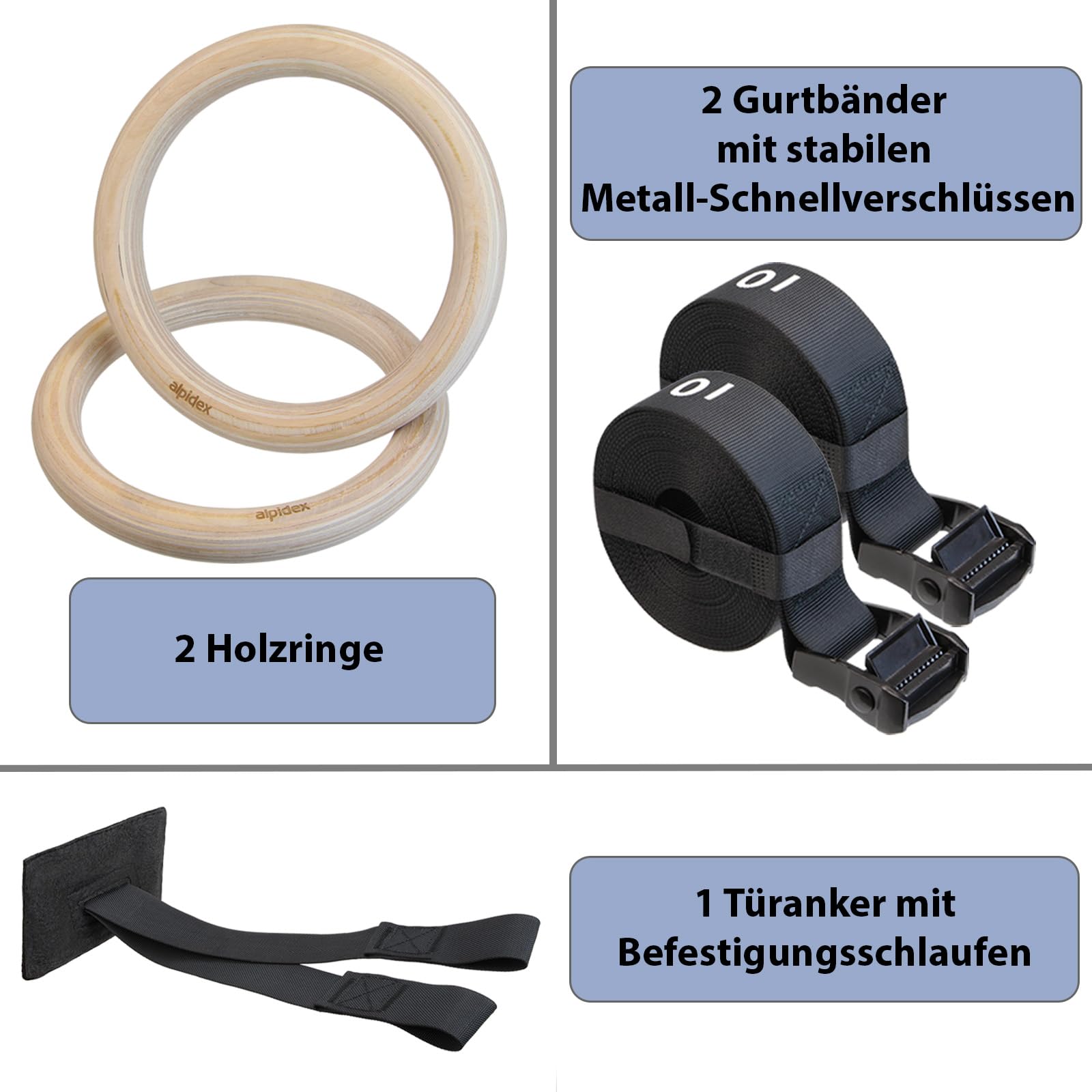 ALPIDEX Turnringe Gymnastikringe | inkl. E-Book mit Übungen | Wettkampf Norm 28 mm Birkenholz Türanker Befestigungsgurte | 7 Jahre Garantie auf Material*