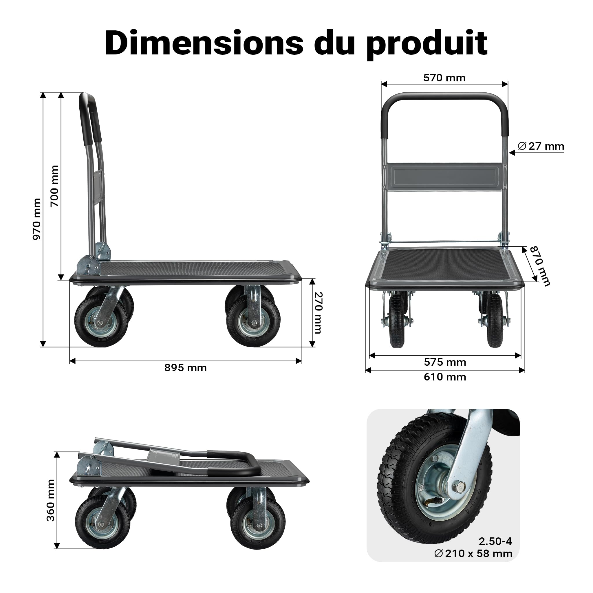 Chariot à Plate-Forme 300kg Max 4 Roues Poignée Rabattable Protection Bordure Surface antidérapante