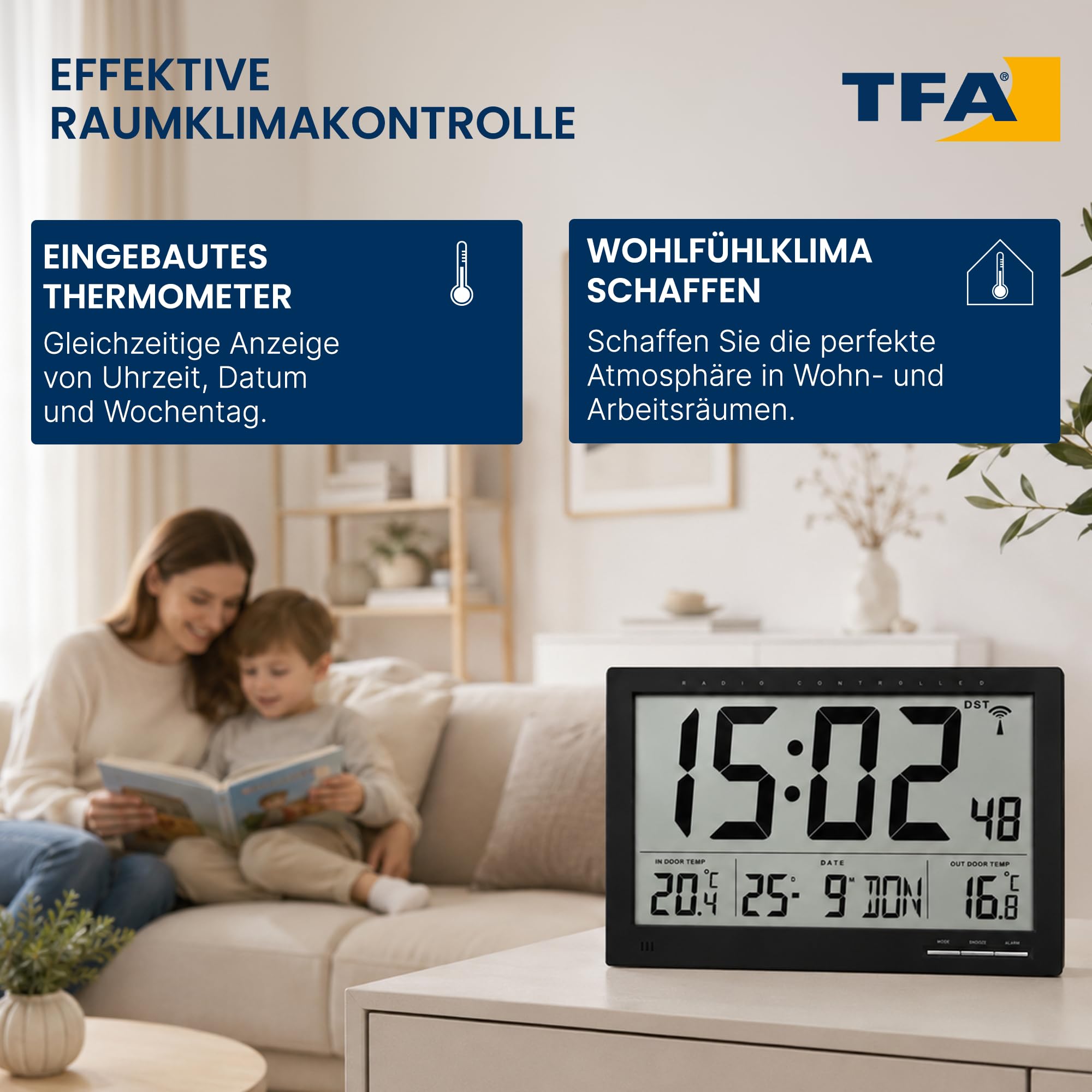 TFA Dostmann Digitale XL-Funkuhr, mit Außen-und Innentemperatur, Wanduhr, gut ablesbar, schwarz, 60.4510, L 370 x B 29 (90) x H 230 mm, 60.4510.01