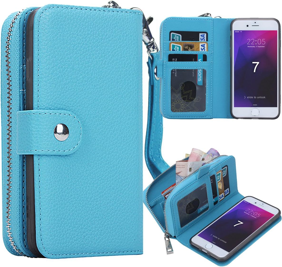 iPhone 8 Plus Case, iPhone 7 Plus Zipper Wallet Case, Pasonomi PU Leather Protective Shell Detachable Folio Flip Holster Carrying Case with Card Holder for Apple iPhone 8 Plus & 7 Plus (Blue)