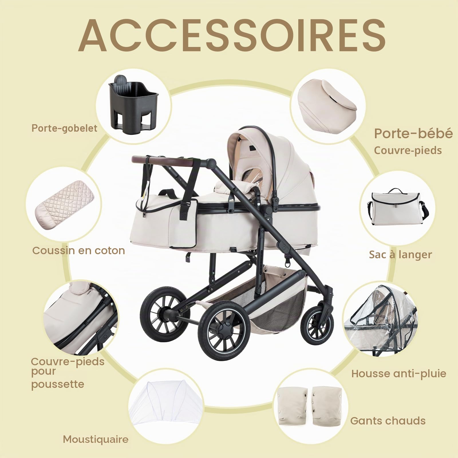 Poussette 3 en 1 Avec Base ISOFIX & Siège Auto, Stroller Bebe Confort, Poussette à Poignée Réglable-Inclut Couvre-Pieds, pour Bébés 0-4 ans,Gris foncé