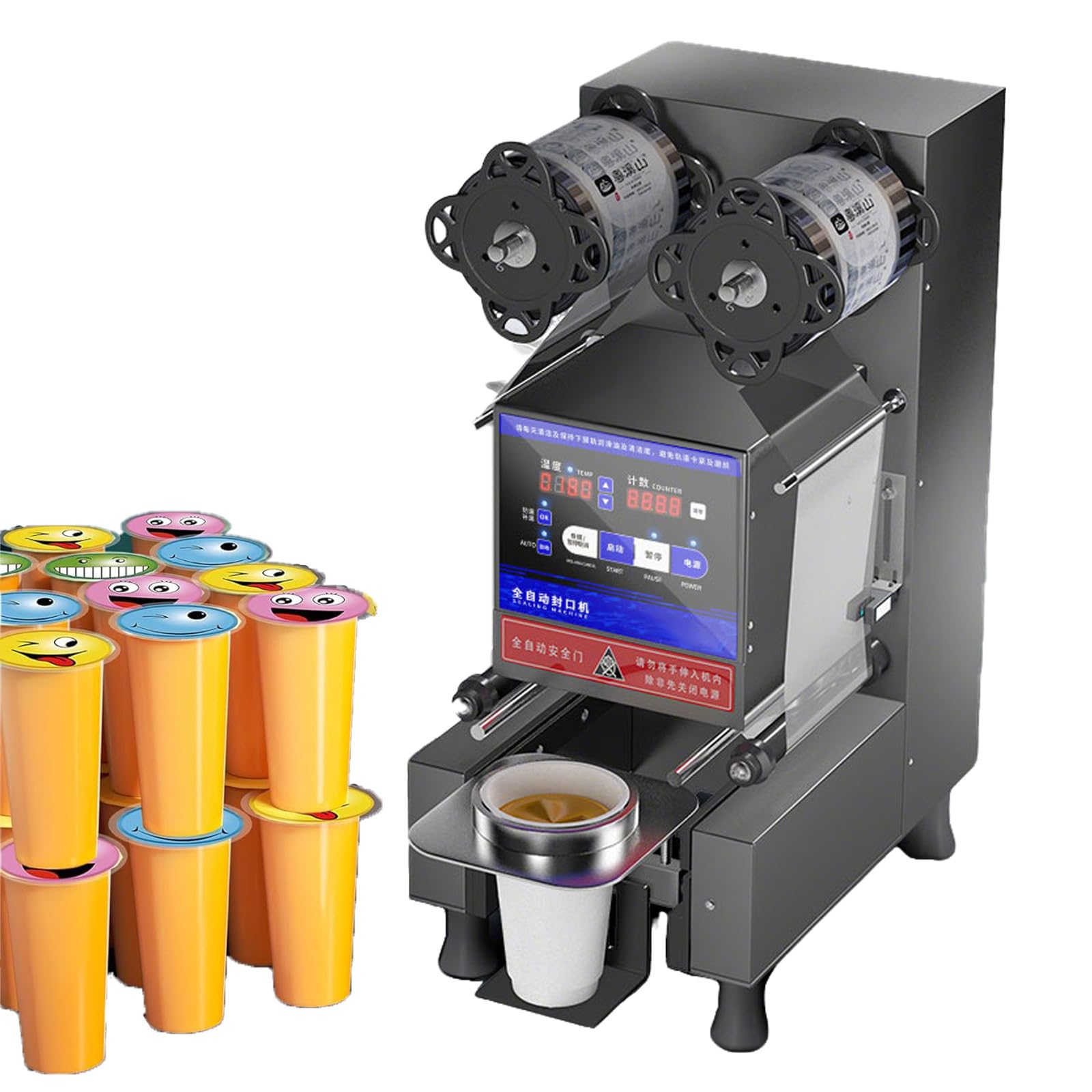 Sigillatrice bubble tea e soia 700-800/h 5s Doppia sigillatura antigoccia, temp intelligente, occhio elettronico, lama autopulente – per caffè, colazioni – 90/95 mm PP/PE/carta/plastica Black