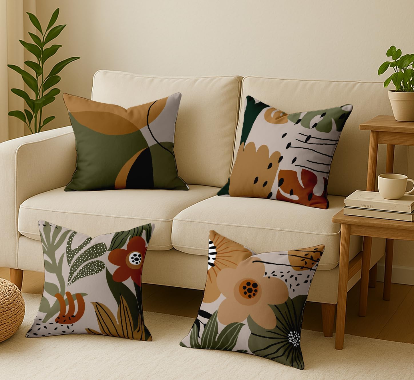 18x18, Cotton Cushion Covers Set of 4 Printed Throw Pillow Covers with Hidden Zip, Double Sided Design - Taupe, Tropical Design