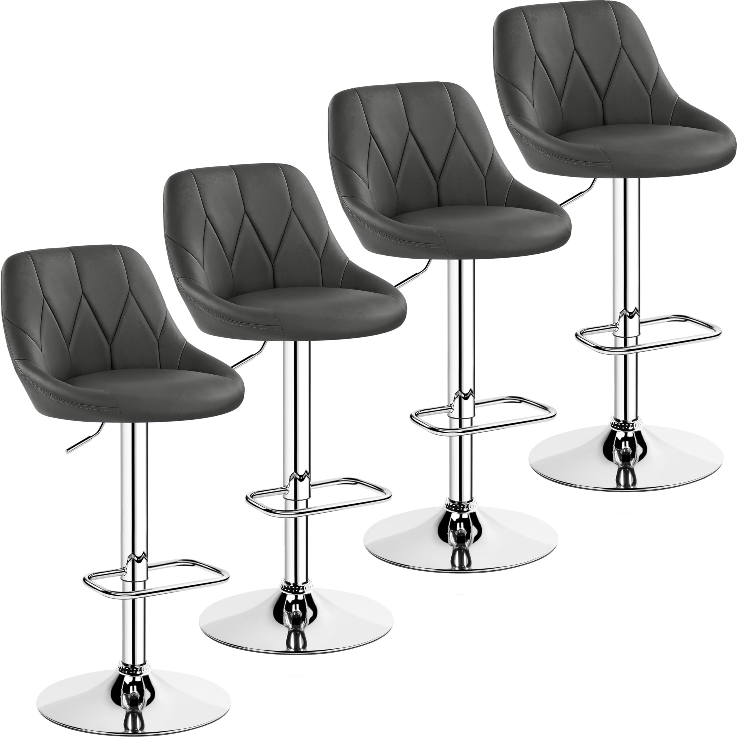 Yaheetech Modern Bar Stools Set of 4, Height Adjustable Swivel Chair with Backrest Chrome Footrest for Breakfast Counter Home Kitchen, Dark Grey