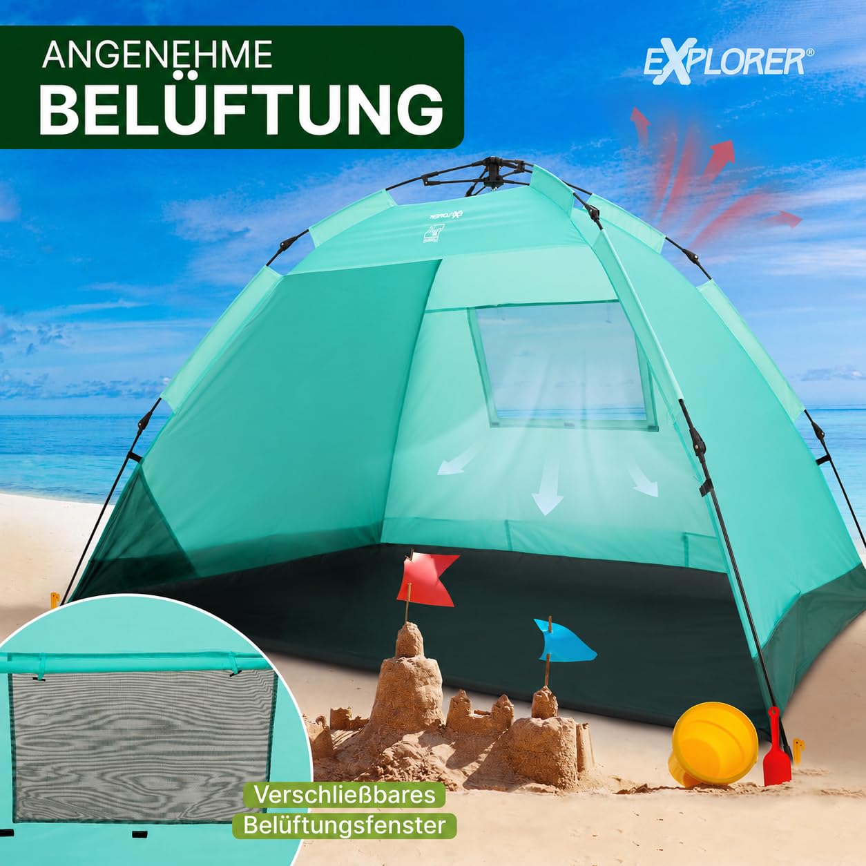 EXPLORER XXL Automatik Strandmuschel UV Schutz 80+ 220x150x130cm Strandzelt Sonnenschutz Mint