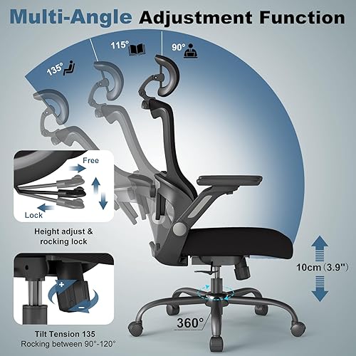 Miniatura 7 de Silla de oficina ergonómica, silla de escritorio de malla con reposabrazos abatibles 4D, reposacabezas ajustable 3D, respaldo ajustable 2D, ángulo