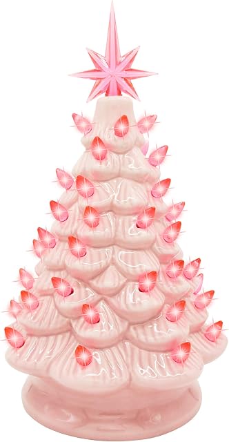 Joiedomi 12" Pink Ceramic Christmas Tree, Prelit Tabletop Christmas Tree with Extra Pink Top Star & Bulbs for Best Desk Decoration