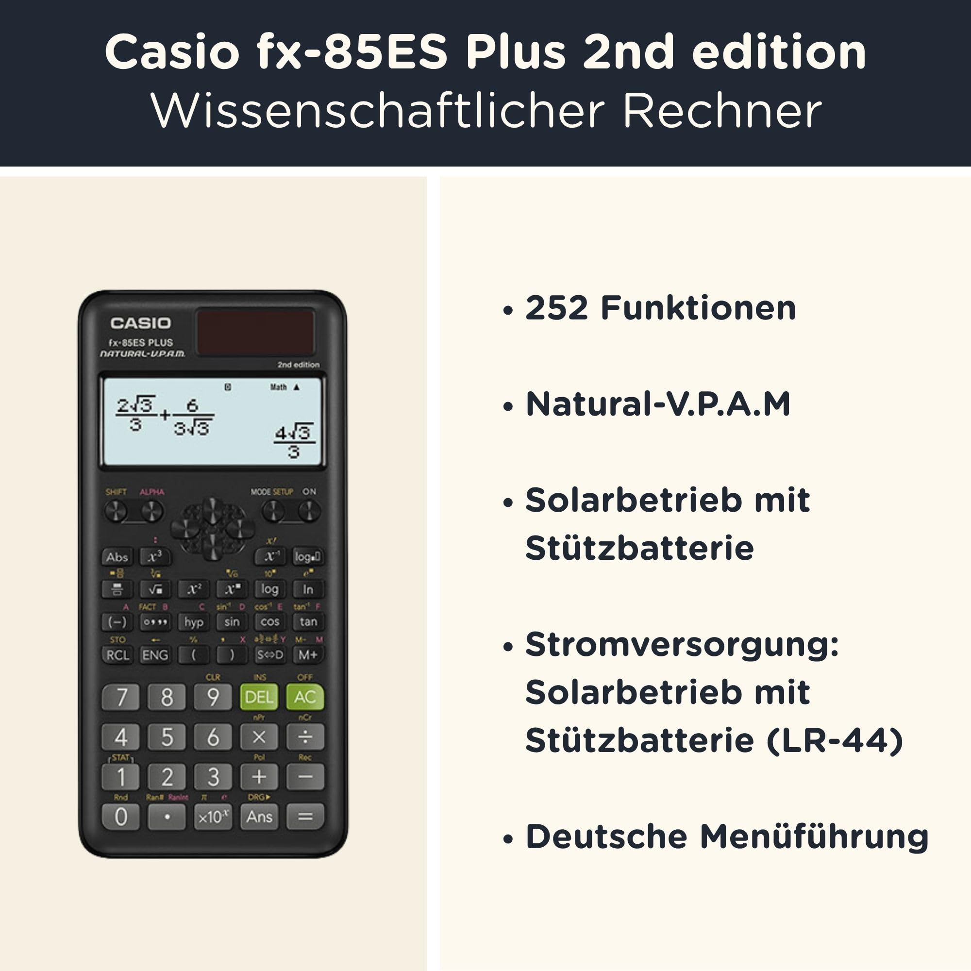 Casio fx-85ES Plus 2nd Edition inkl. WYNGS Schutztasche Schwarz - Wissenschaftlicher Taschenrechner - Basic Set