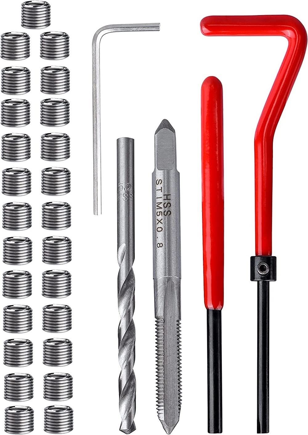 30 Piece M5 x 0.8mm Thread Repair Insert Kit, Stainless Steel Thread Repair Kit Helicoil Coil Compatible Hand Tool Set for Auto Repair