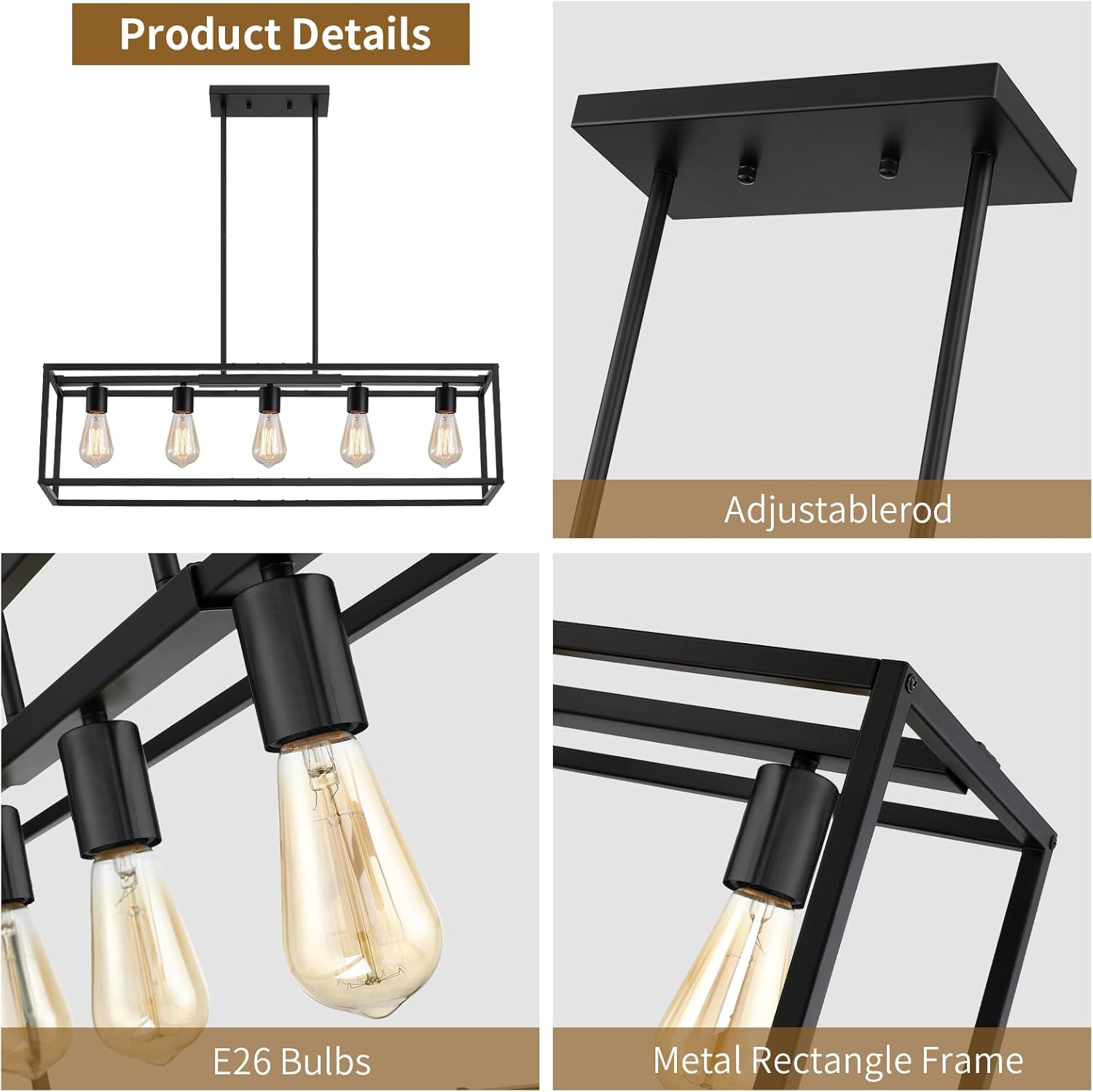 5-Light Dining Room Light Fixture,Black Farmhouse Kitchen Island Lighting,Rustic Pendant Light Over Table with Adjustable Rods,Modern Linear Chandeliers for Dining Room Kitchen Island