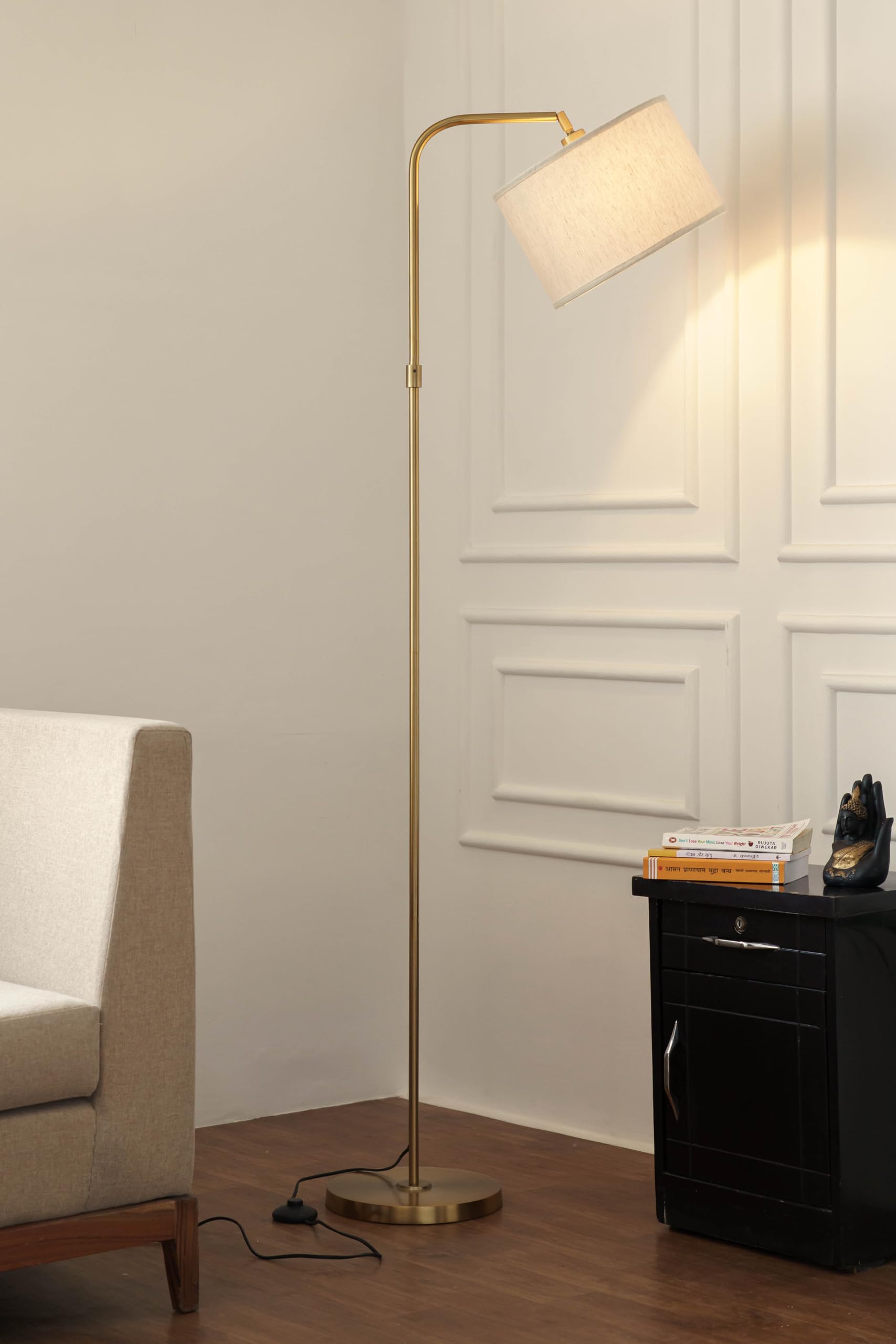 Divine Trends Modern Arc Floor Lamp with Adjustable Shade 6Ft Height with 12 inches Off White Drum Lampshade Pack of 1 - Led Bulb Included (Brass Antique)