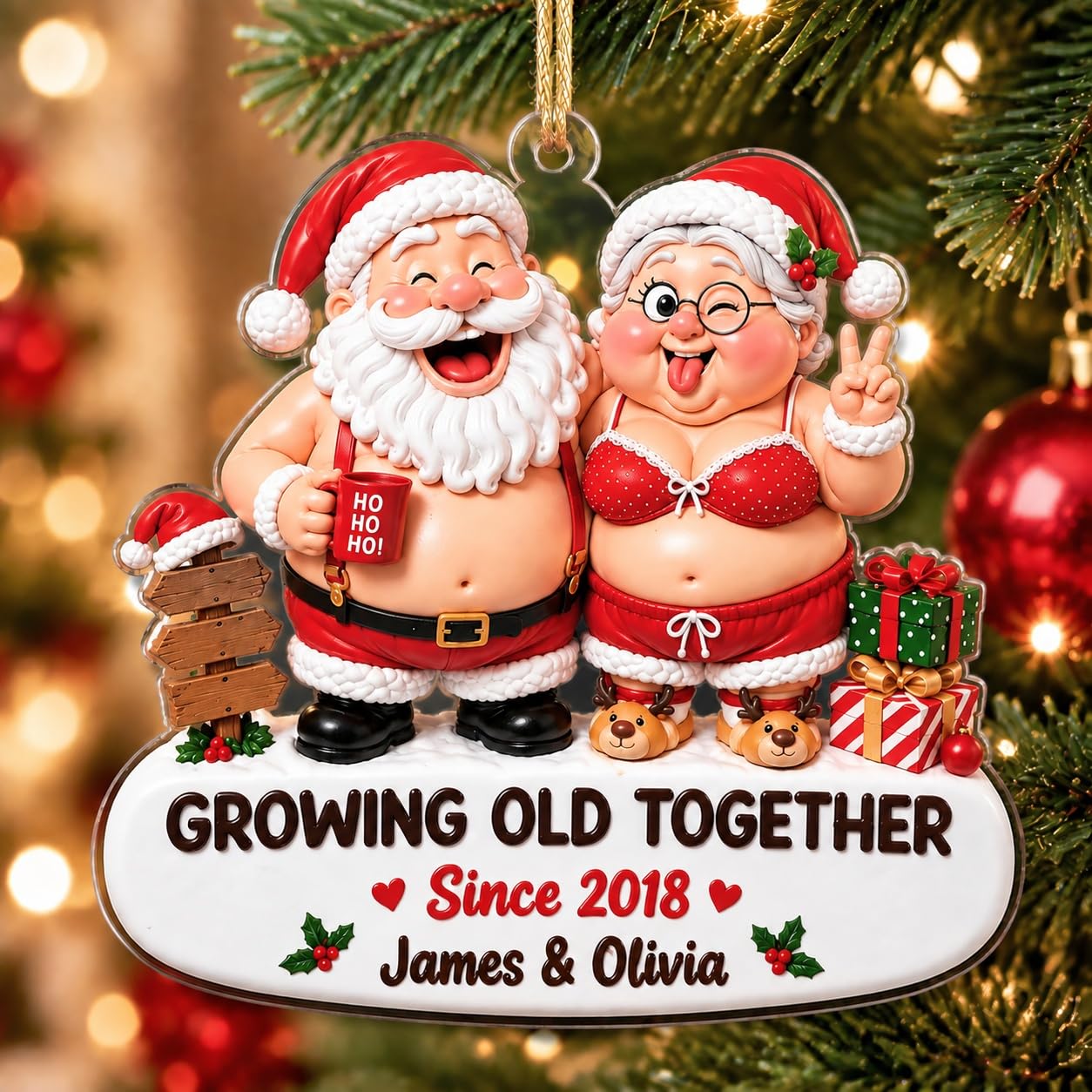 Personalised Growing Old Together Christmas Baubles, Santa Couple Ornament — image 1