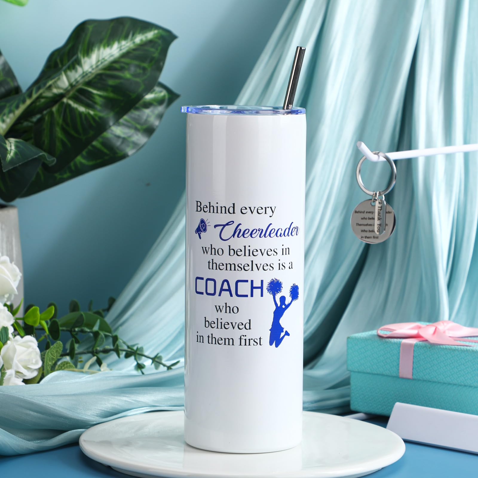 Suclain 2 Pcs Cheer Coach Gifts Set for Women 20 oz Cheerleader Tumbler with Lid Straw and Cheerleading Coach Keychain for Coach Cheerleader Birthday Retirement Gifts(Blue)