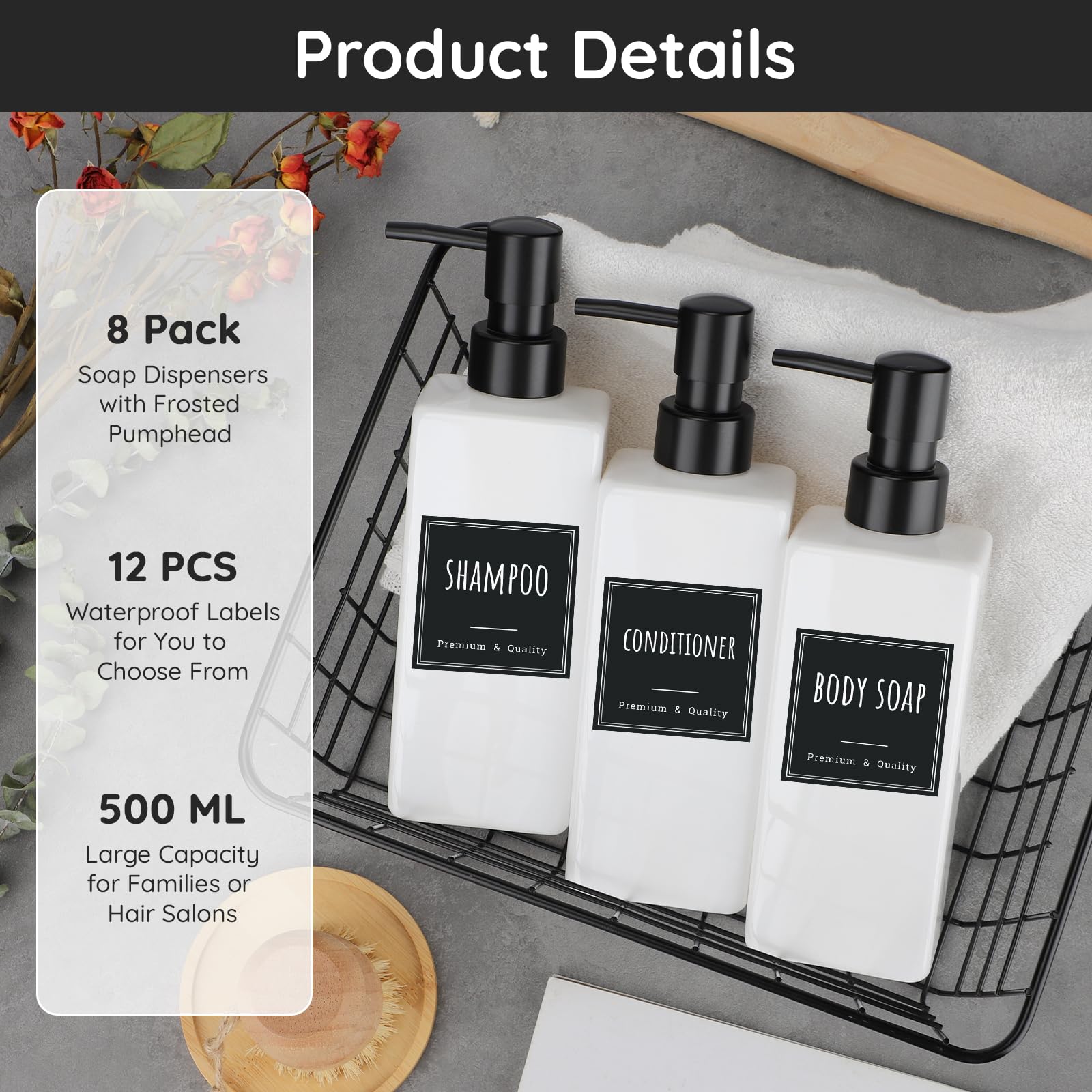 Segbeauty Distributeur Savon, 8 Pièces 500ml Flacon Pompe Vide, Distributeur Gel Douche, Distributeur Savon Blanc avec Etiquettes, Distributeur de Savon Cuisine