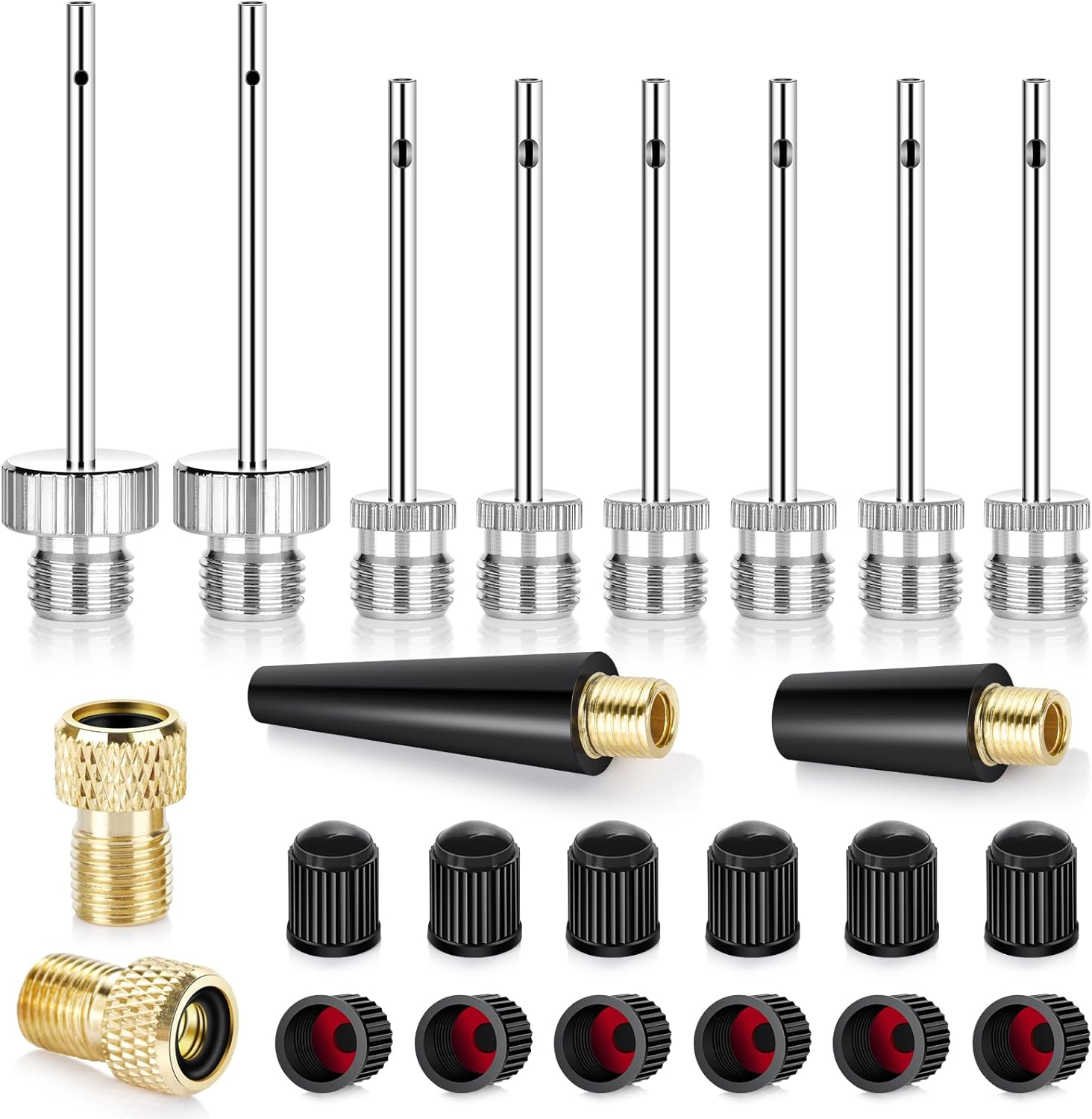 Ball Pump Needles, Unbreakable Air Pump Needles Compatible with Hand and Electric Pump, Sports Ball Air Pump Needles, Tire Valve Caps, Presta to Schrader Valve Adapters, Balloon Inflation Nozzles Kit