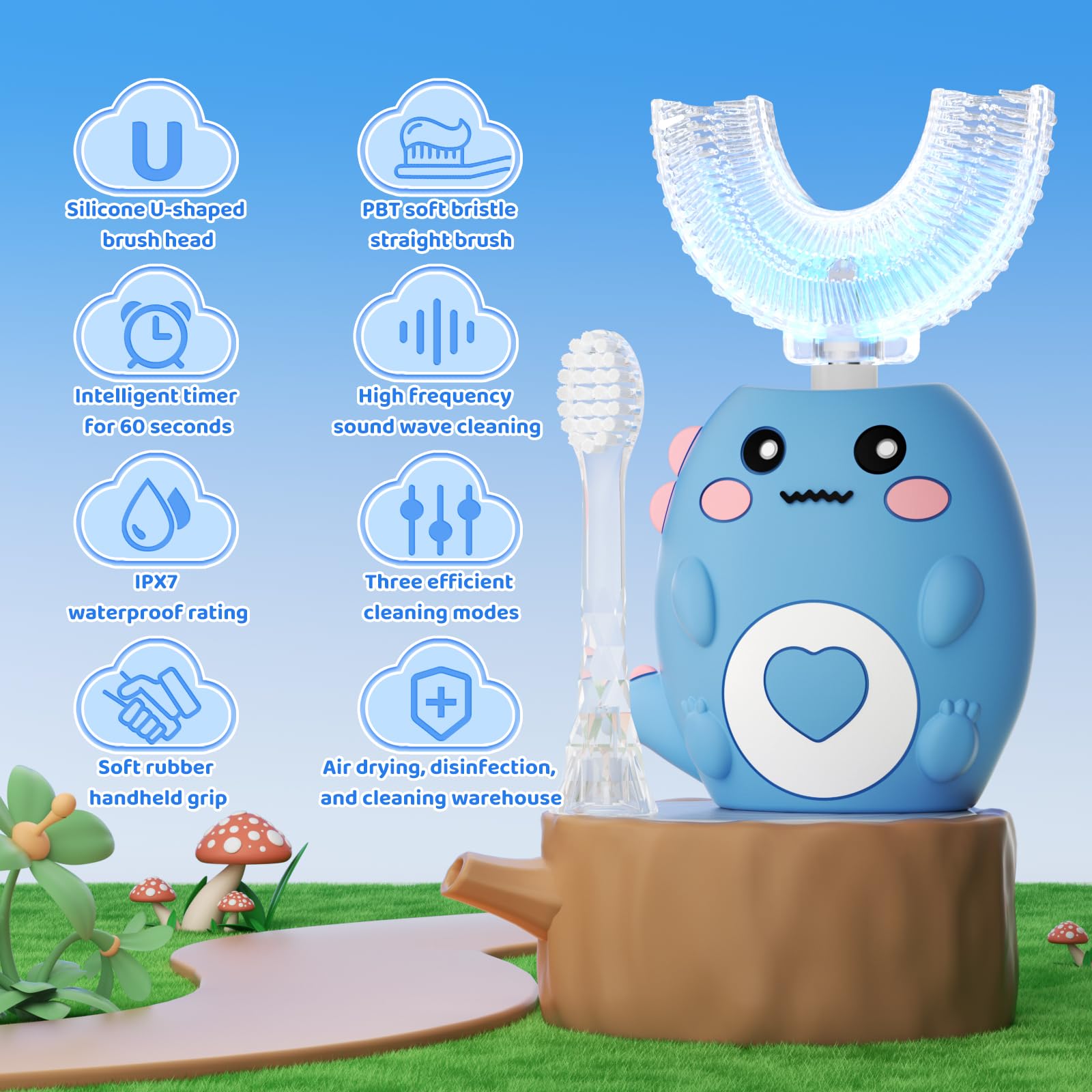 Cepillo de dientes eléctrico en forma de U para niños, con 3 modos de limpieza, con 4 cabezales de cepillo, cepillo de dientes automático sónico de 360°, IPX7 impermeable, diseño de dinosaurio de