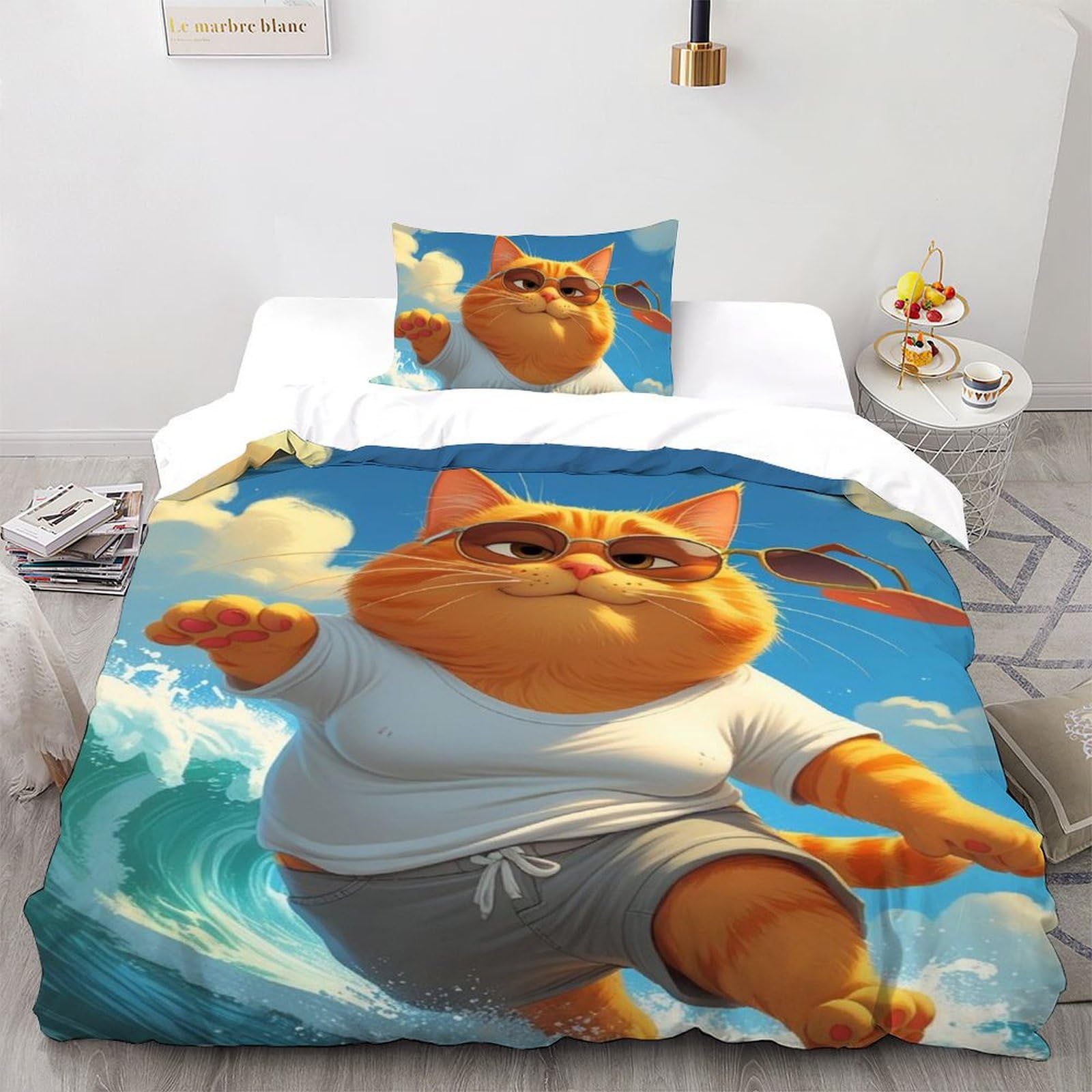 Housse de couette chaton potelé 3D parure de lit microfibre animaux 135x200 avec taie d'oreiller