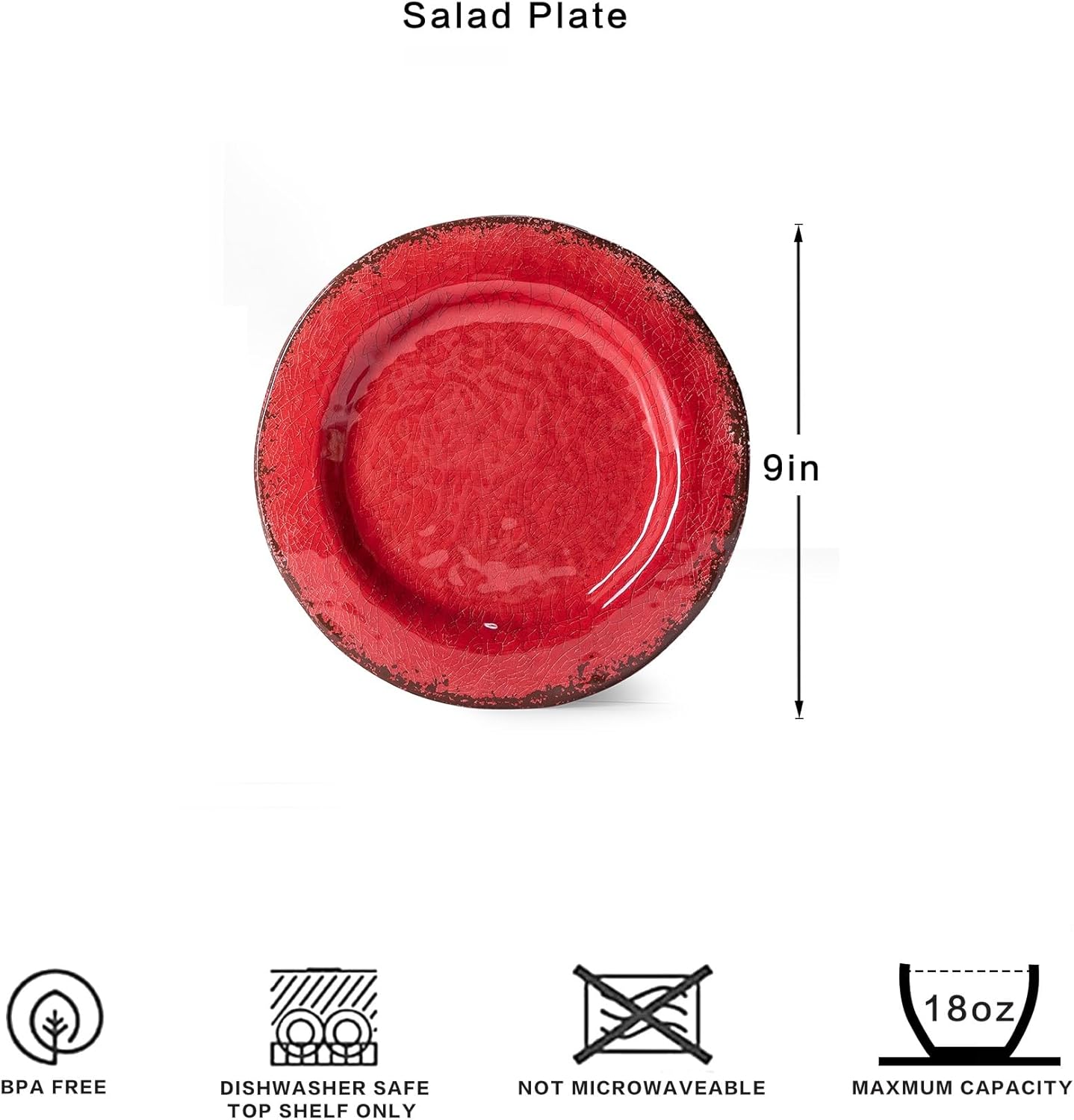 LEHAHA Red Melamine Plates Set, 9 inch Vintage Rustic 6 piece Salad/Dessert Plates Set, Unbreakable Dishes Set Great for Everyday Use and Dining Party, Ideal for Salad,Dessert,Fruit and Cakes