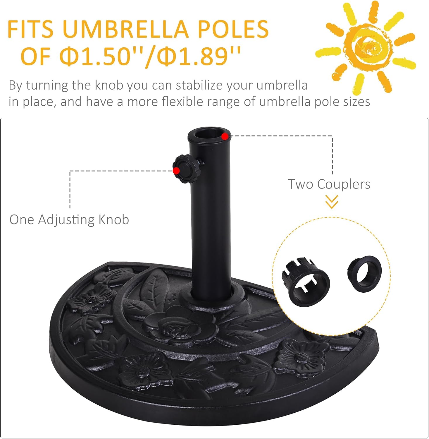 Outsunny 20lbs Half Round Patio Umbrella Base Outdoor Decorative Resin Parasol Stand Holder for Φ1.5, Φ1.9 Pole, for Lawn, Deck, Backyard, Garden, Black