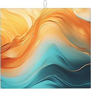 Orange Teal Marble Dish Drying Mat for Kitchen Counter 16x18 Inch