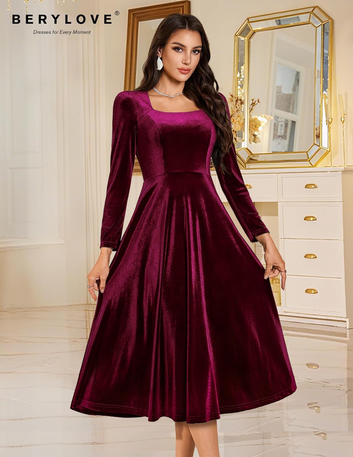 BeryLove Women Velvet Dress Cocktail Party Evening Dresses Long Sleeve Wedding Guest Formal Dresses - Image 6