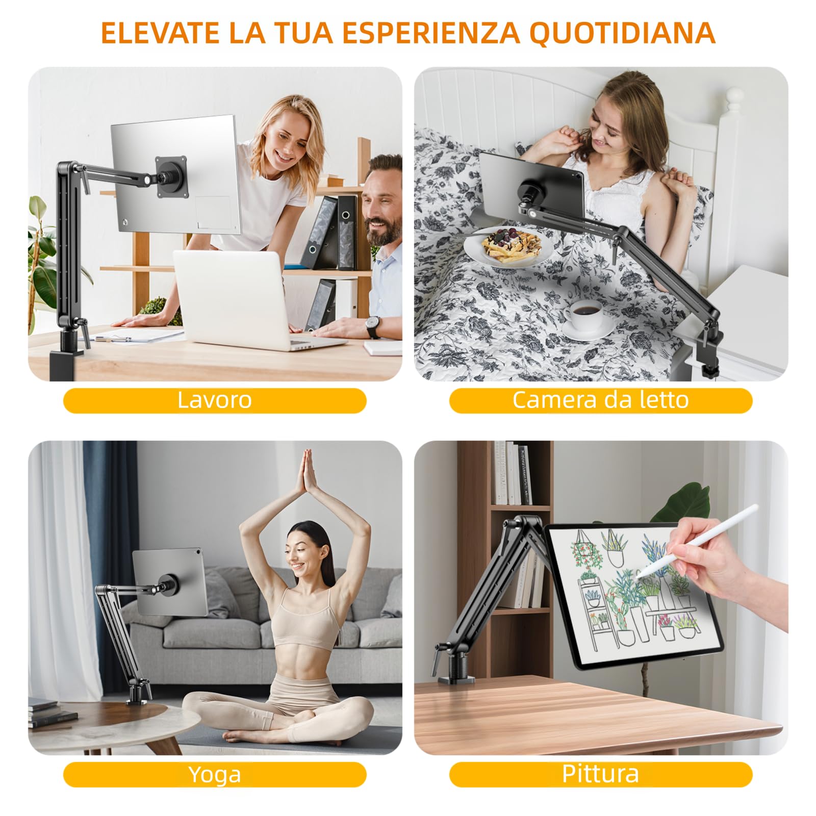 Supporto Tablet Scrivania Magnetico, Braccio Tablet Alluminio con VESA 75x75 Regolabile Anti-Oscillazione, Stand per Monitor Portatile Compatibile con iPad Pro 12.9, 11, Schermi da 4.7" a 18.5"