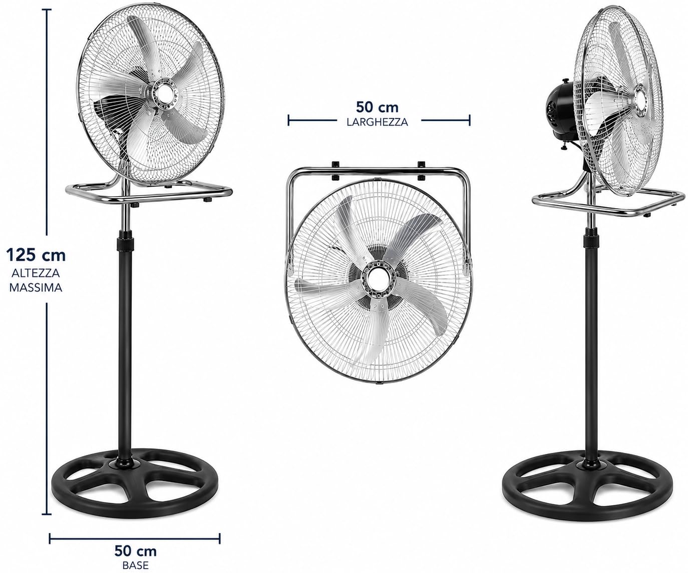 Ventilatore a Piantana 3 in 1 Silenzioso 60W, Ventilatore Tavolo Muro con Altezza Regolabile 125 cm, Oscillazione 90°, 3 Velocità, Timer, Pale Acciaio 40 cm, Casa Ufficio