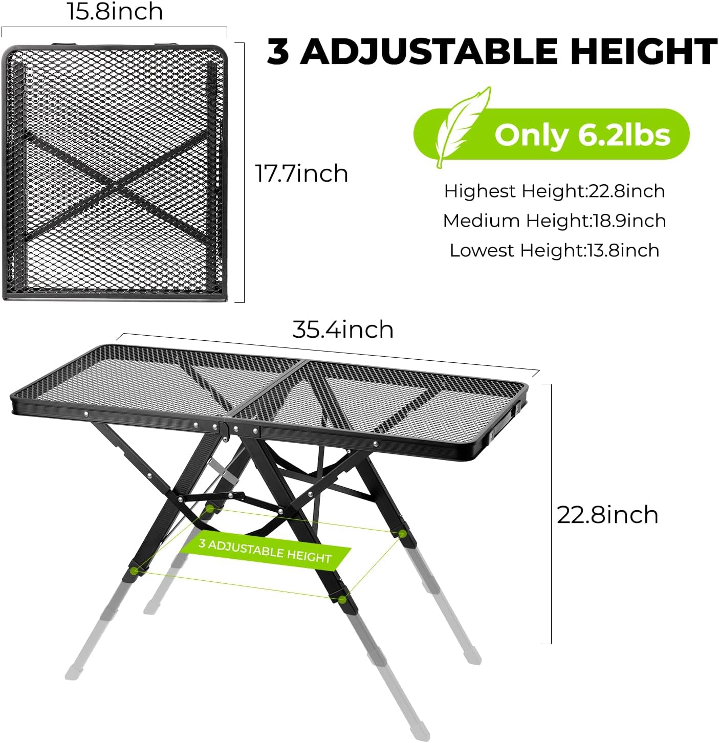 Camping Grill Table, Aluminum Folding Picnic Table with 3 Level Height and Mesh Desktop, 3x2FT Portable Outdoor Table for Camping, Picnic, Beach and BBQ (Black)