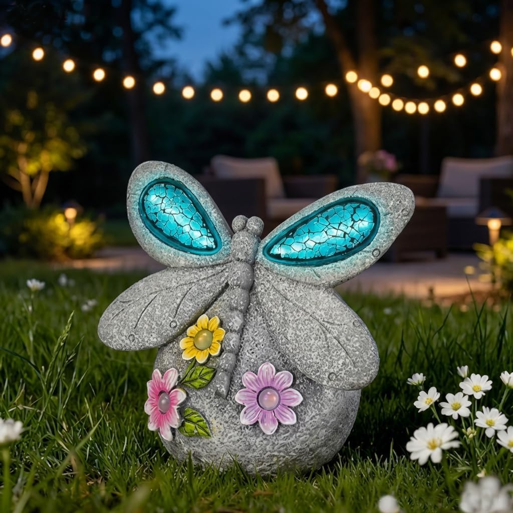 Solar Dragonfly Garden Decor with Cracked Glass Wings, Outdoor Resin Dragonfly Statue with Solar Light for Patio, Lawn, Yard Ornament Eco-Friendly Housewarming Gift for Women